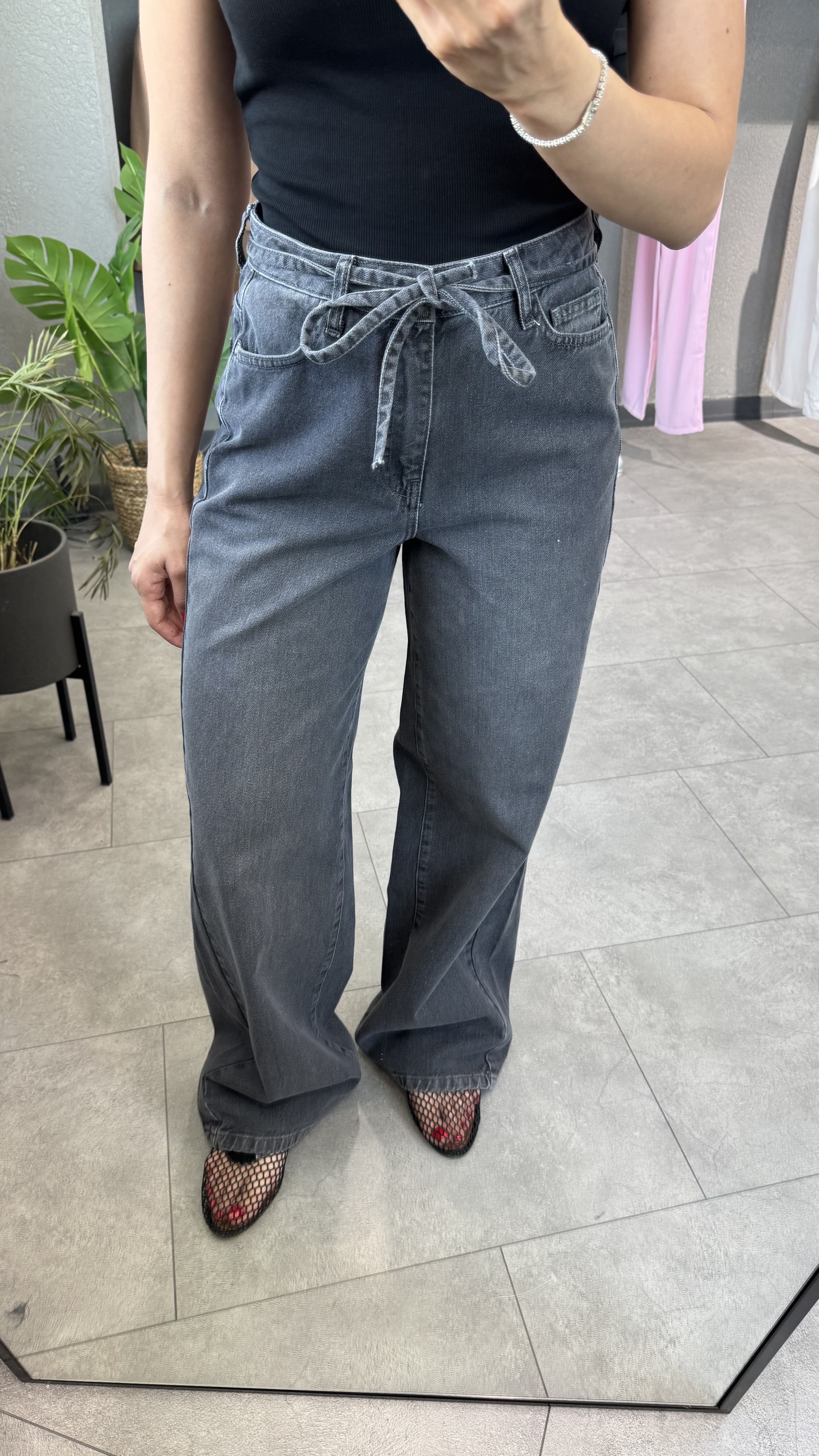 Beli Kordonlu Yüksek Bel Wide Leg Jean