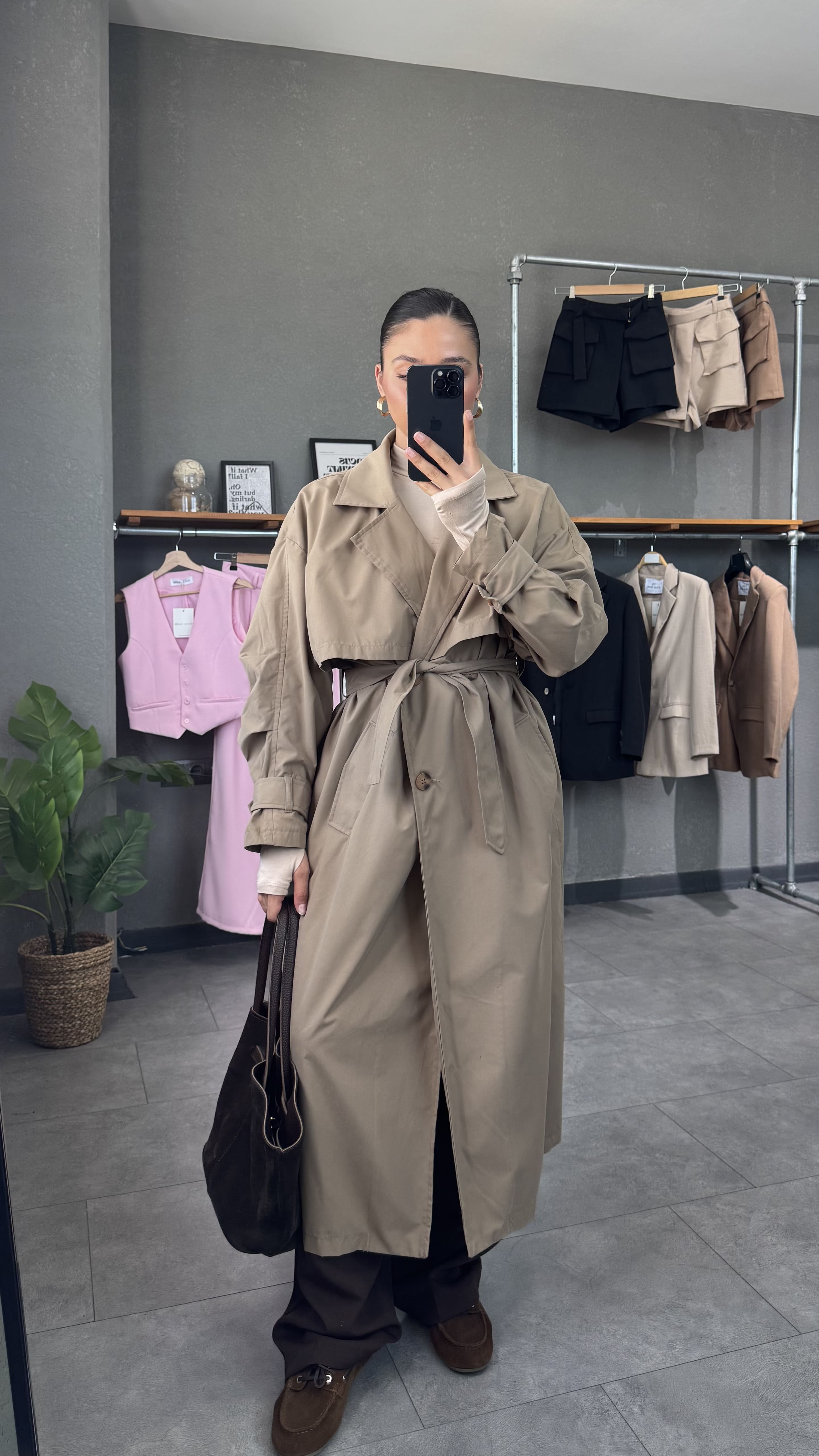 Oversize Uzun Kahve Kadın Trençkot