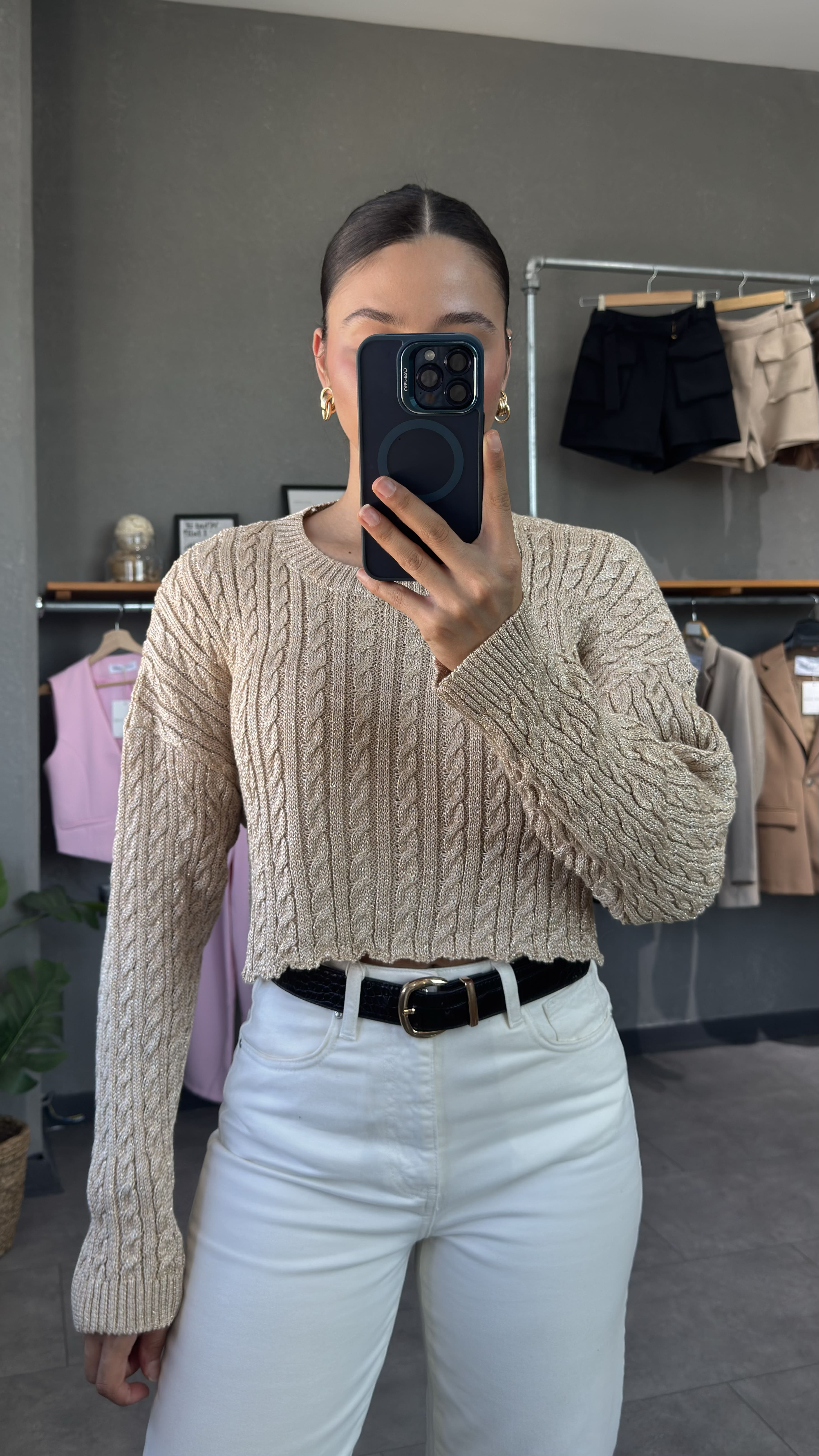 Bisiklet Yaka Saç Örgülü Simli Crop Bej Kadın Kazak