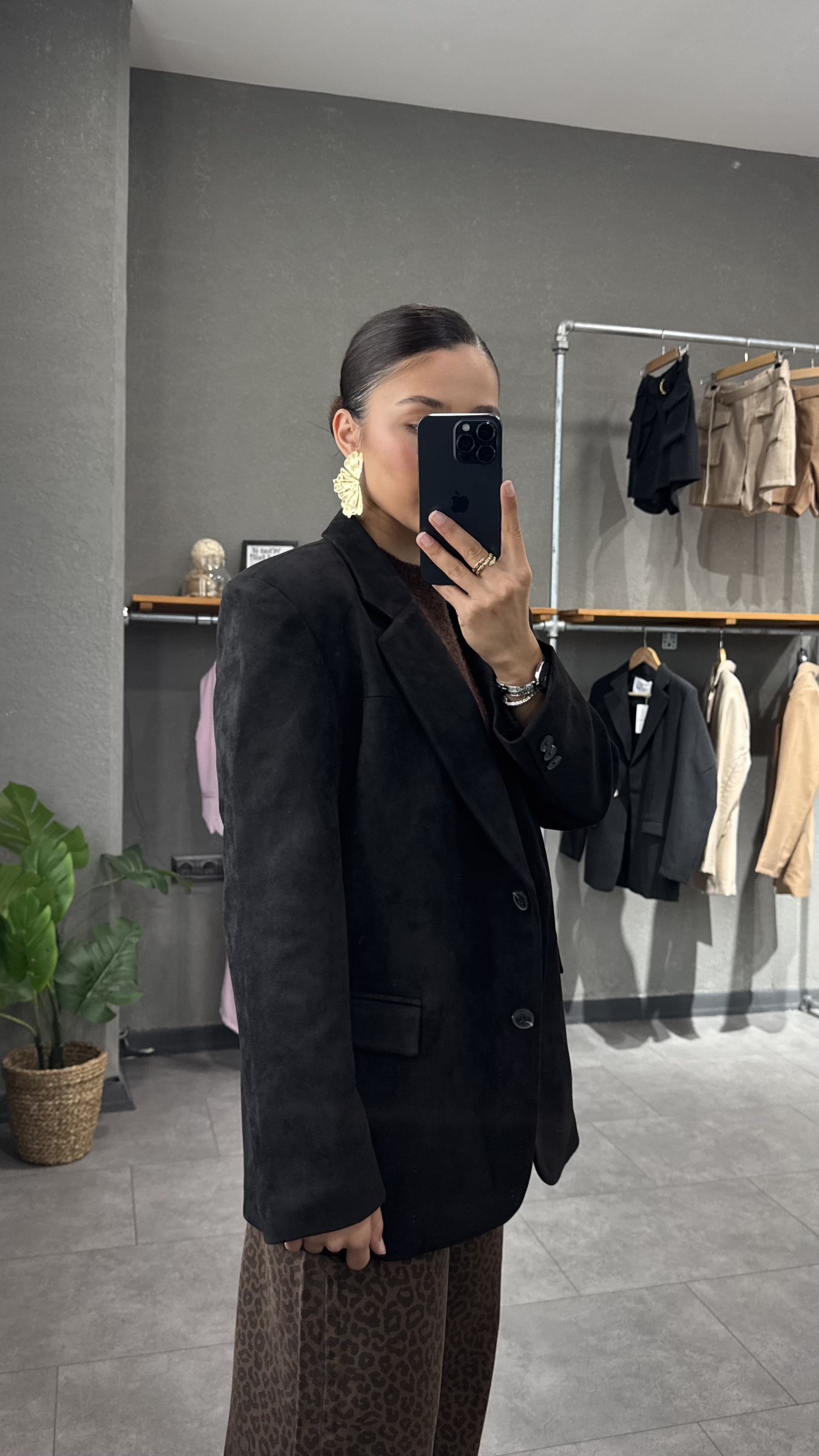 Vatkalı Oversize Süet Siyah Kadın Blazer Ceket