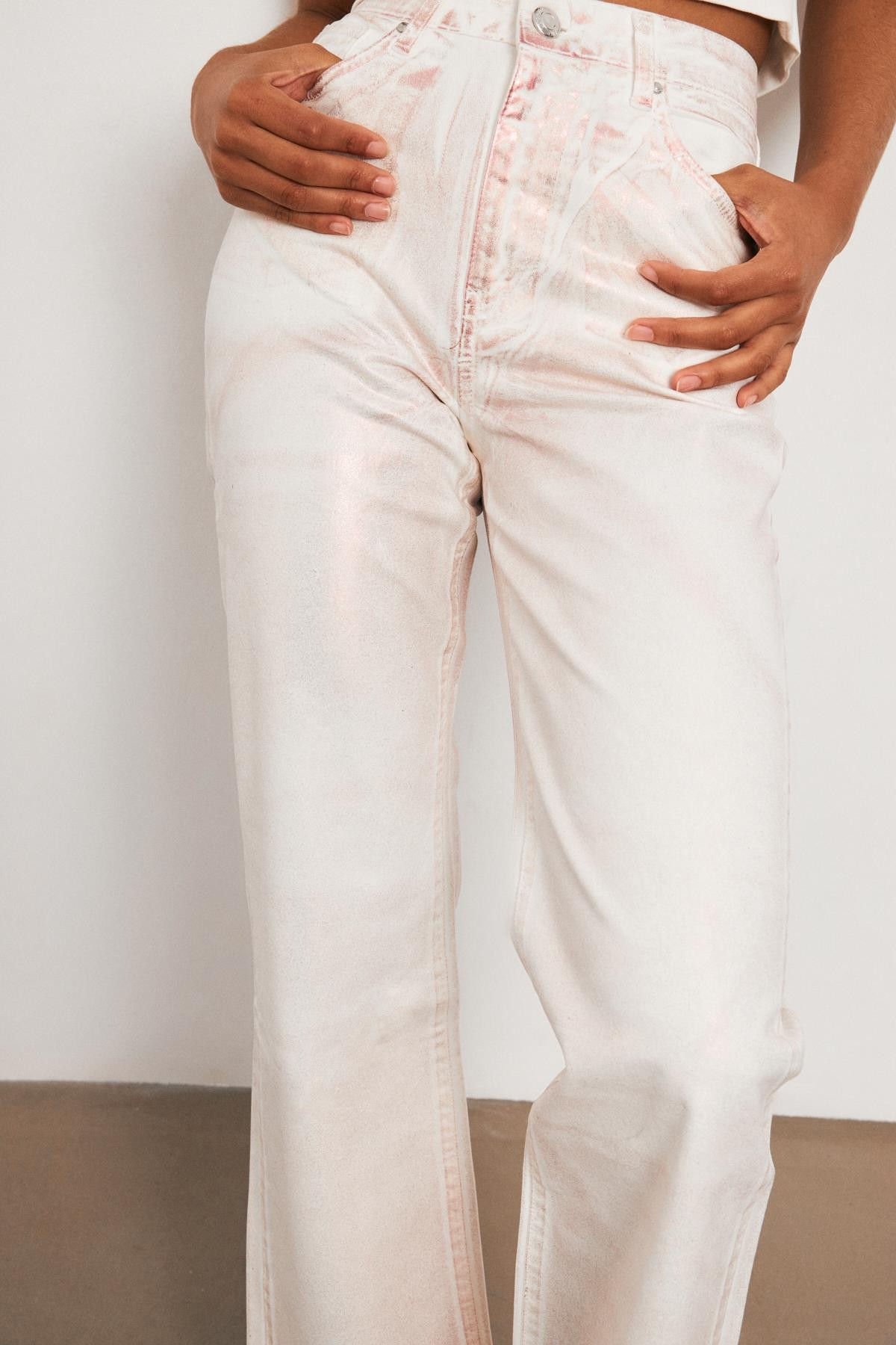 Yüksek Bel Pembe  Varaklı Kadın Wide Leg Jean