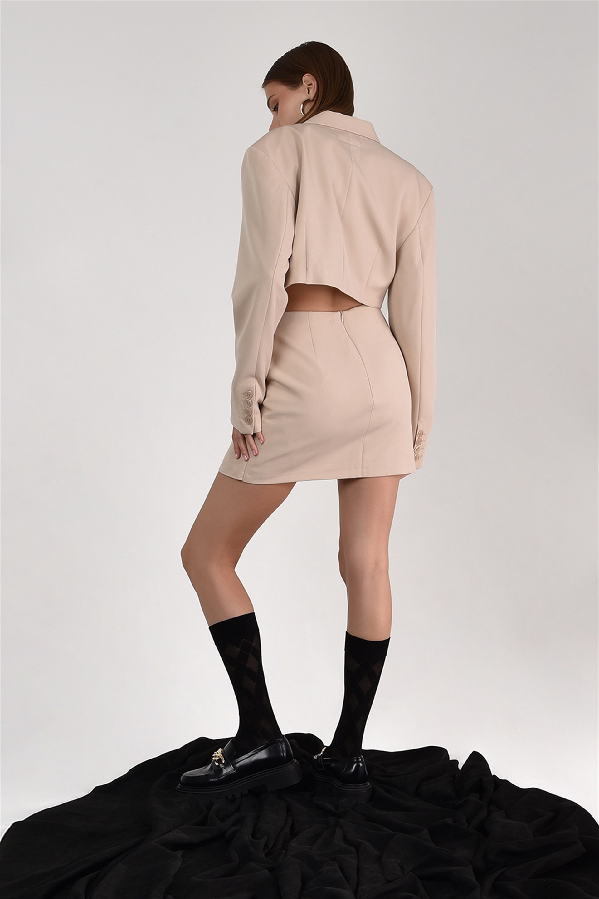 Kadın Crop Blazer Ceket Krem