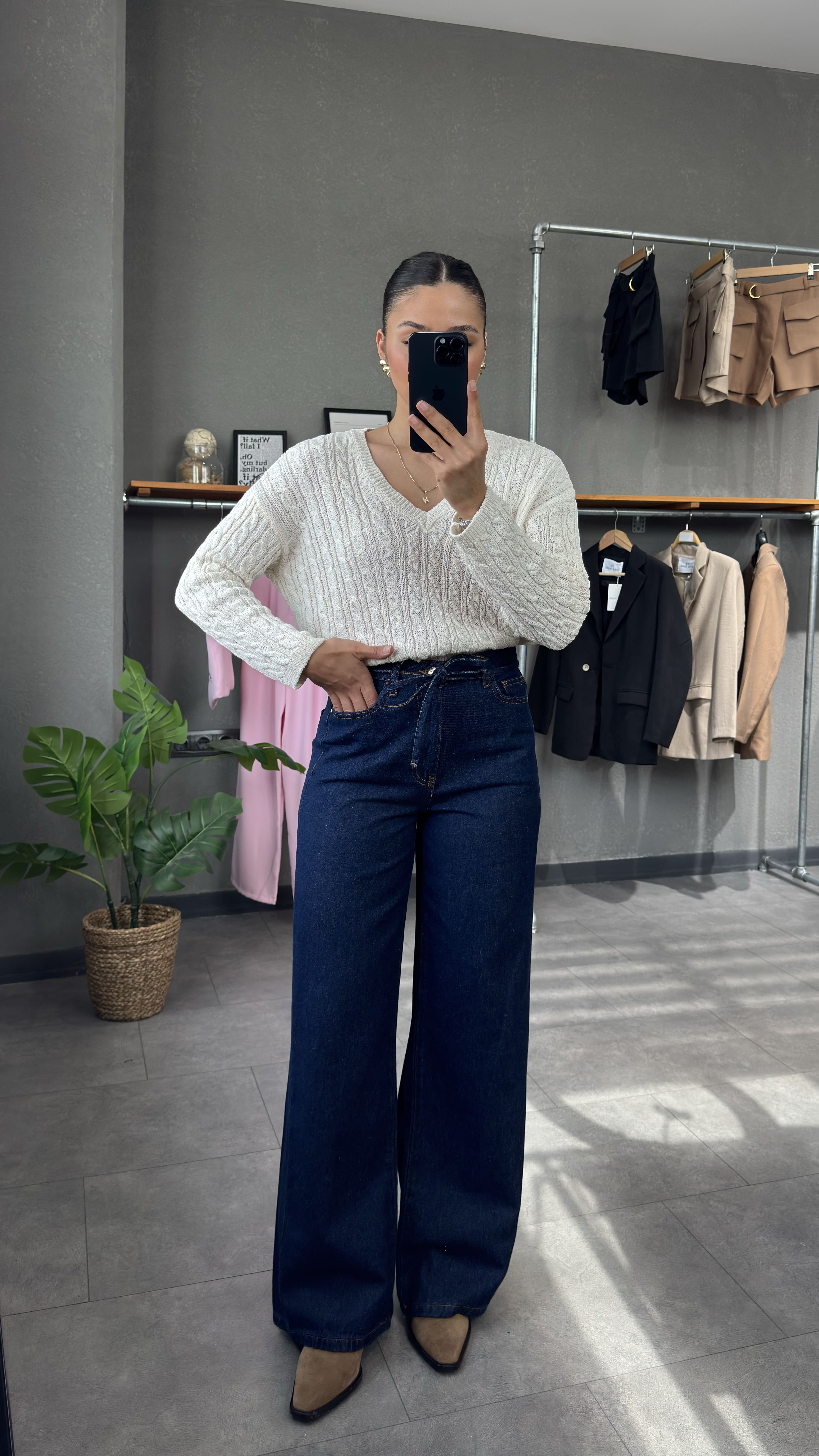 Yüksek Bel Beli Kordonlu Lacivert Wide Leg Kadın Jean