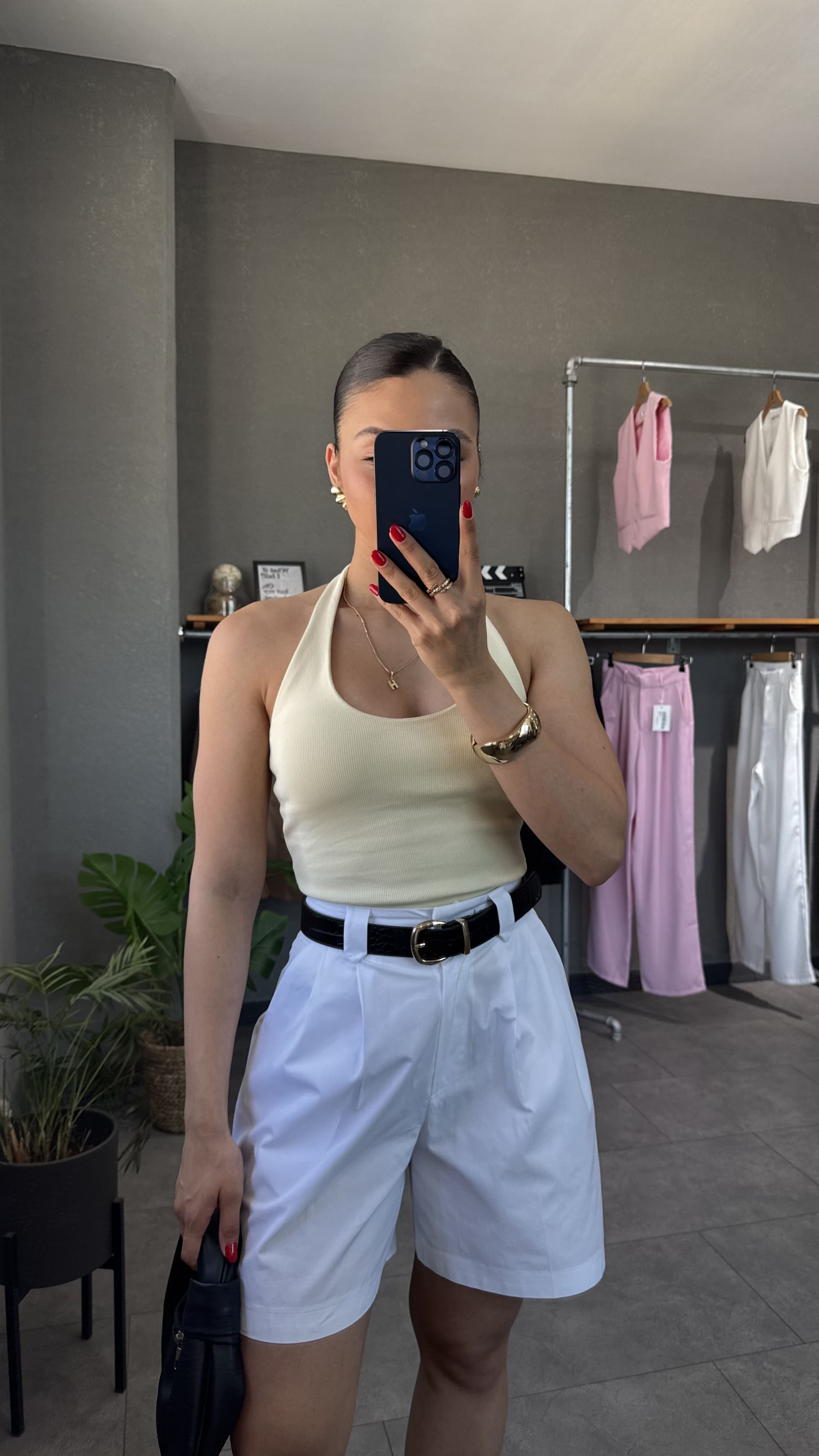 Halter Yaka Sırt Dekolteli Fitilli Bluz - Sarı