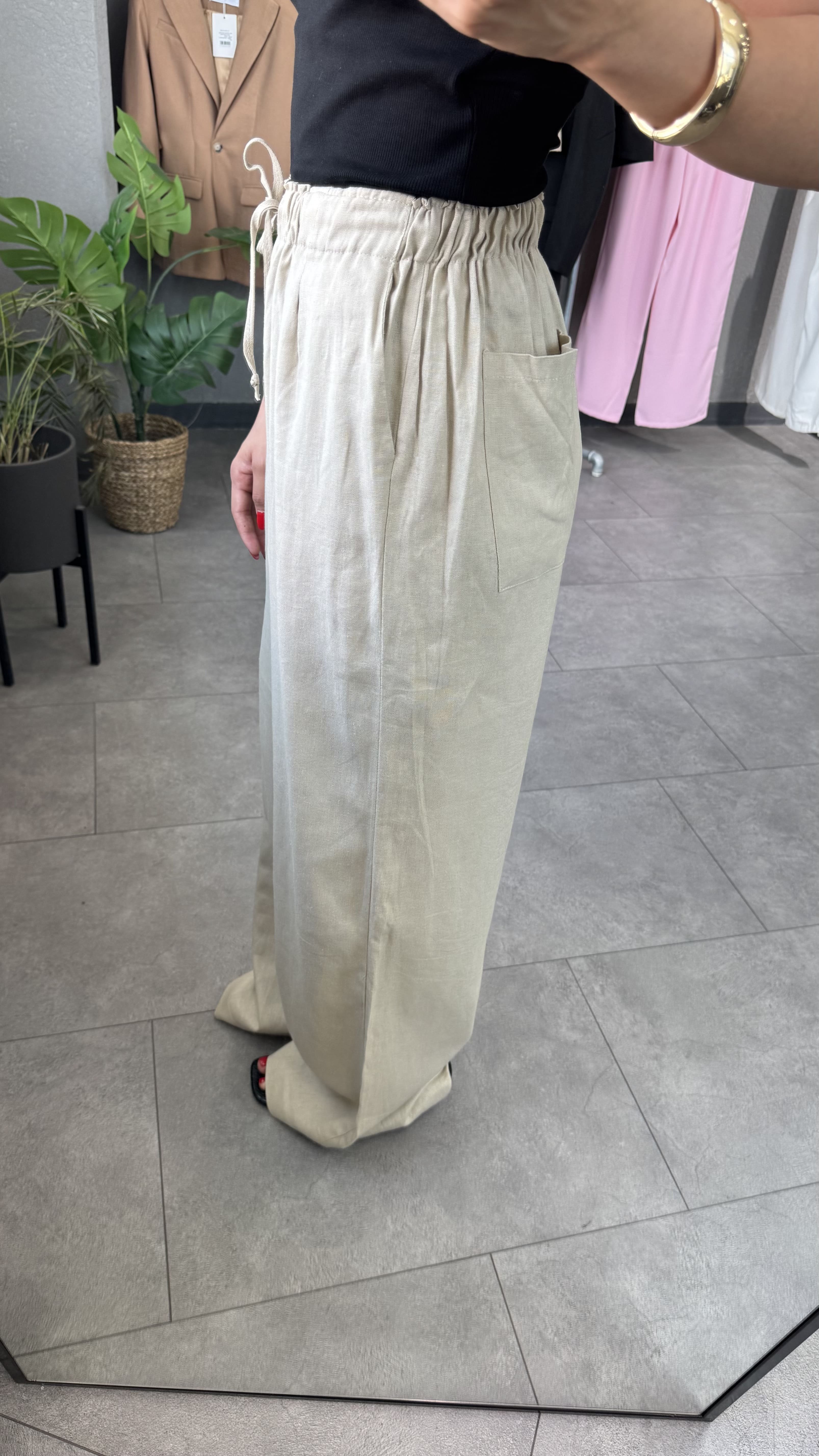 Beli Lastikli Düz Kesim Keten Taş Kadın Pantolon