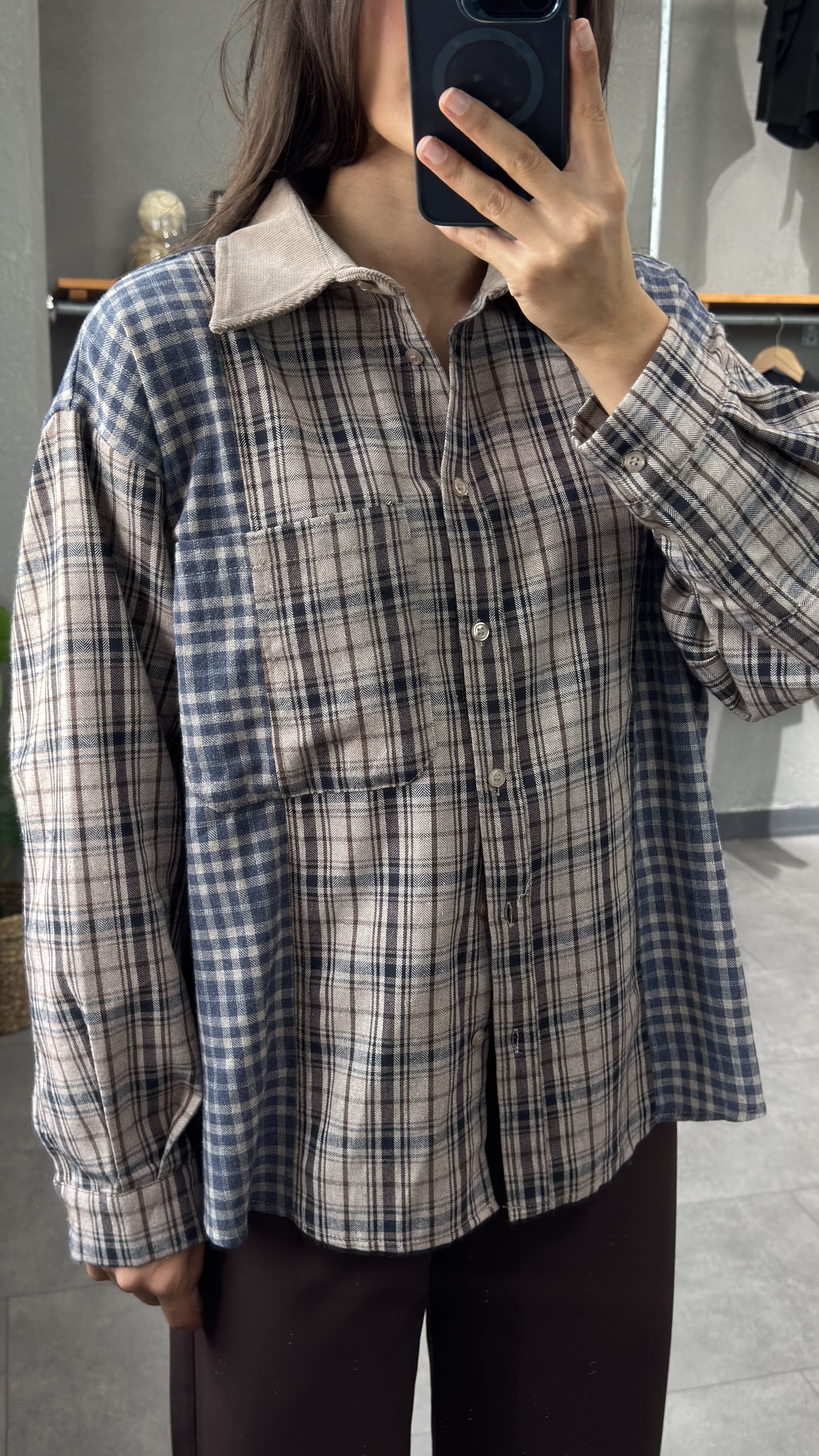 Kadife Yaka Oversize Ekose Gömlek