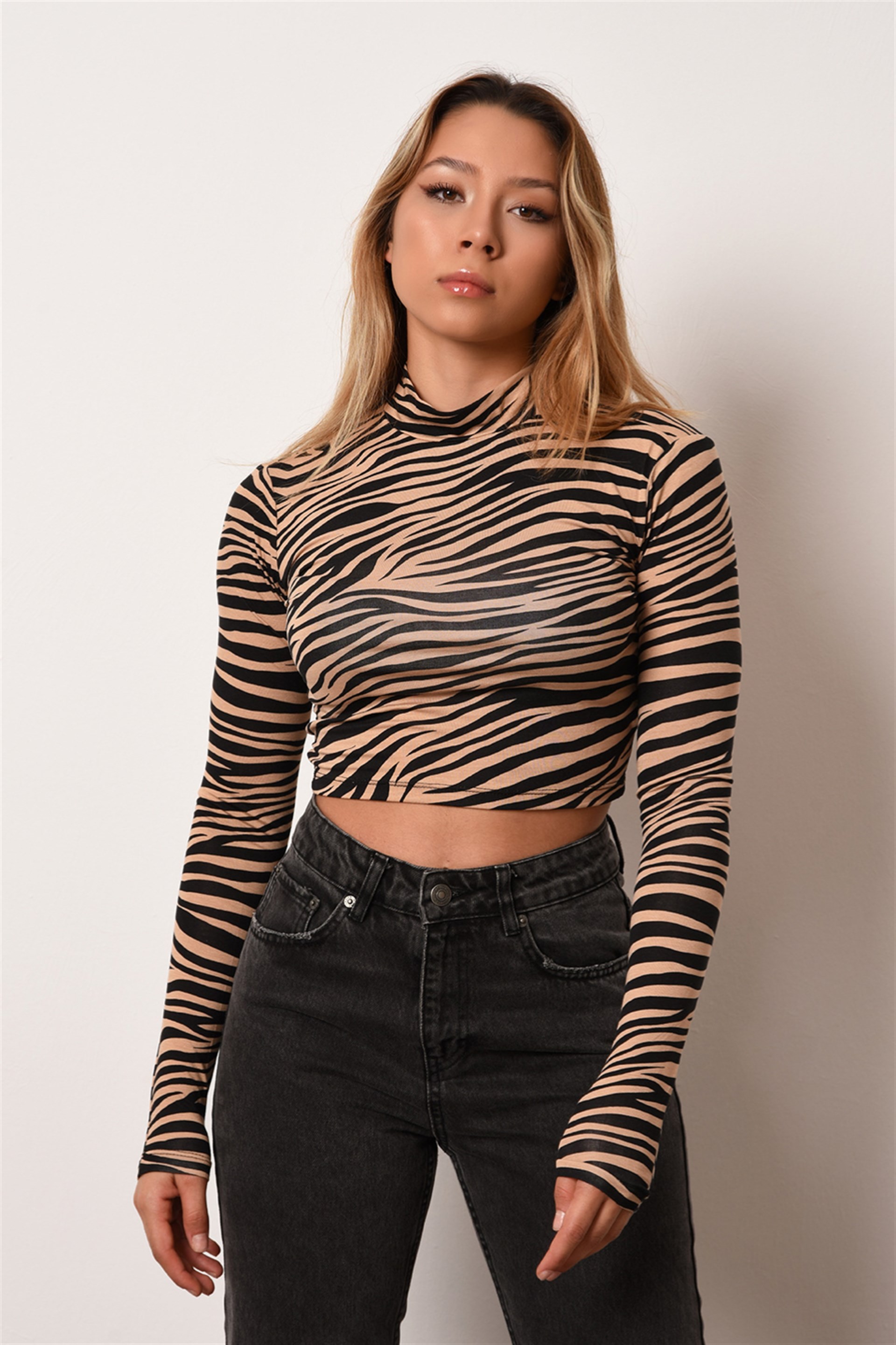 Kadın Camel Zebra Dalgıç Crop Body