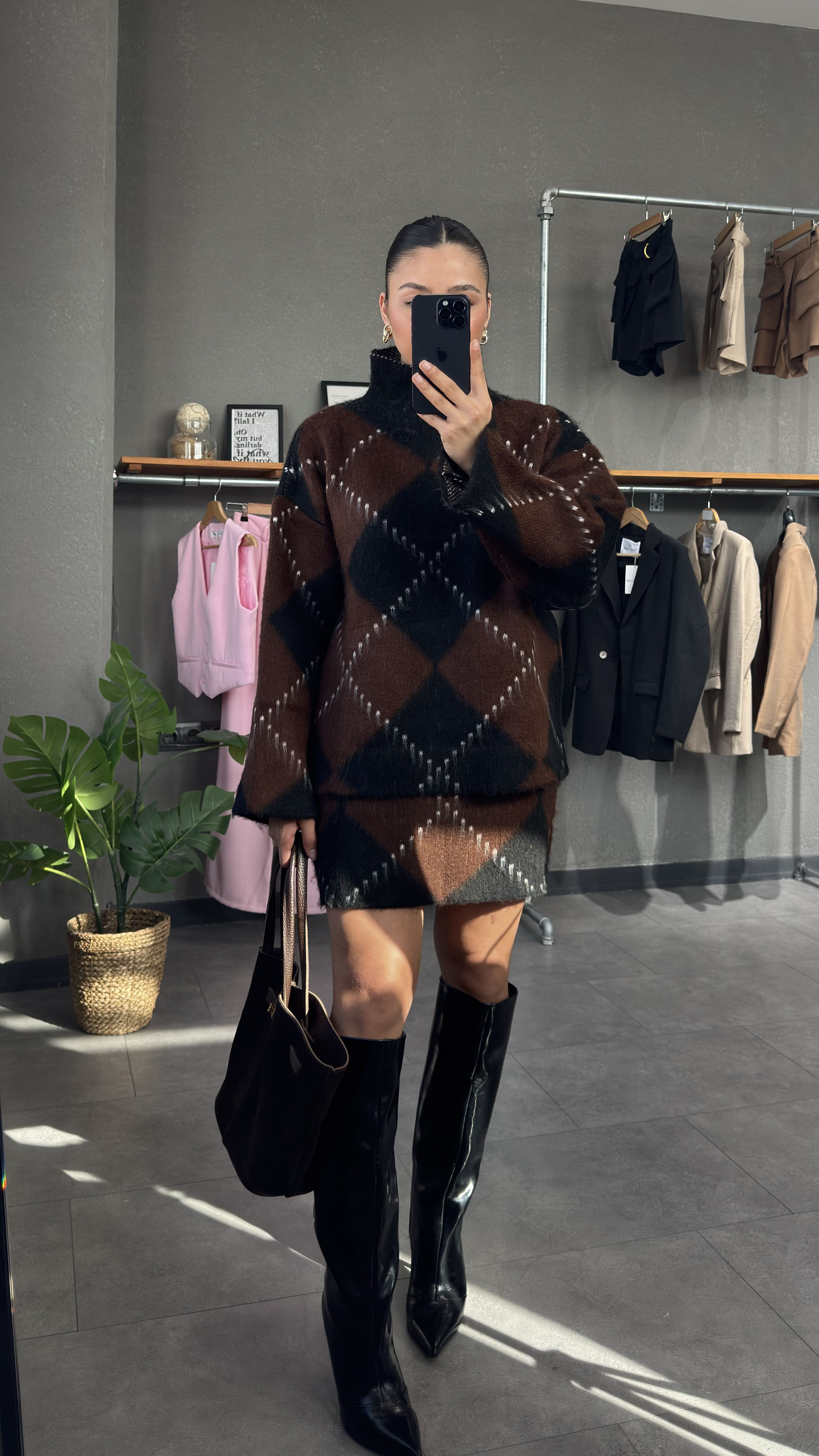 Baklava Desenli Oversize Kazak Etek Takım