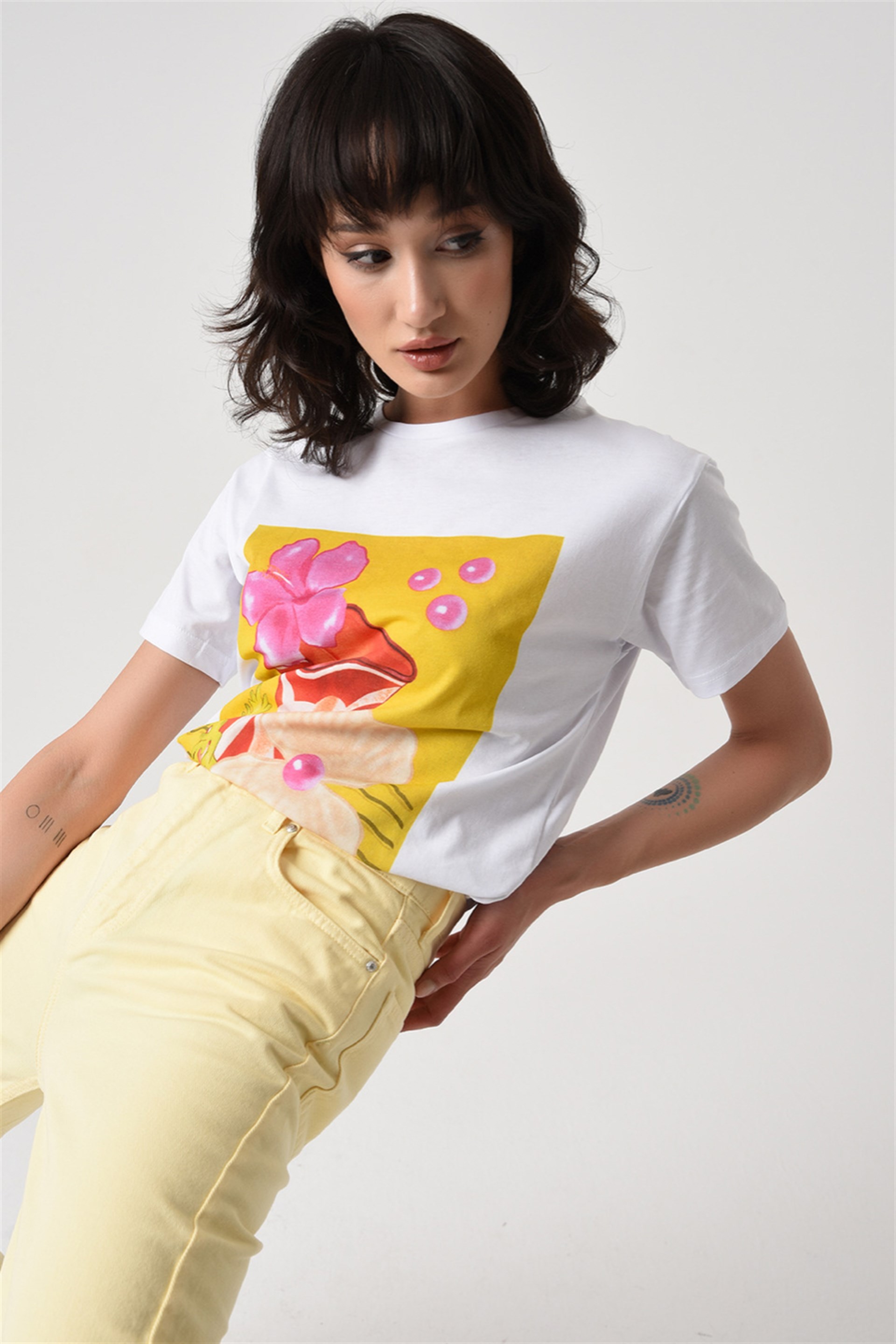 Baskılı Basic Örme T-shirt Beyaz