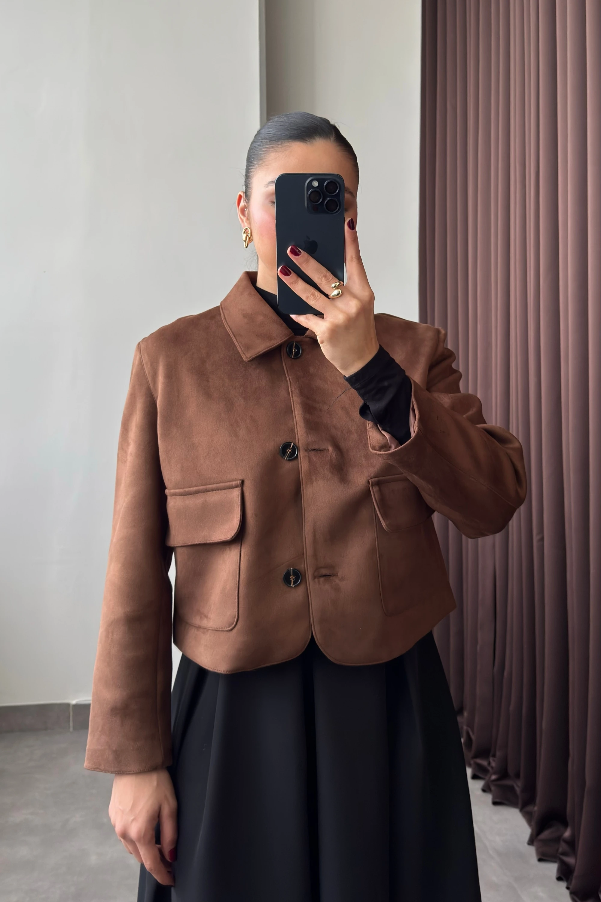 Cep Detaylı Kahve Süet Kadın Ceket