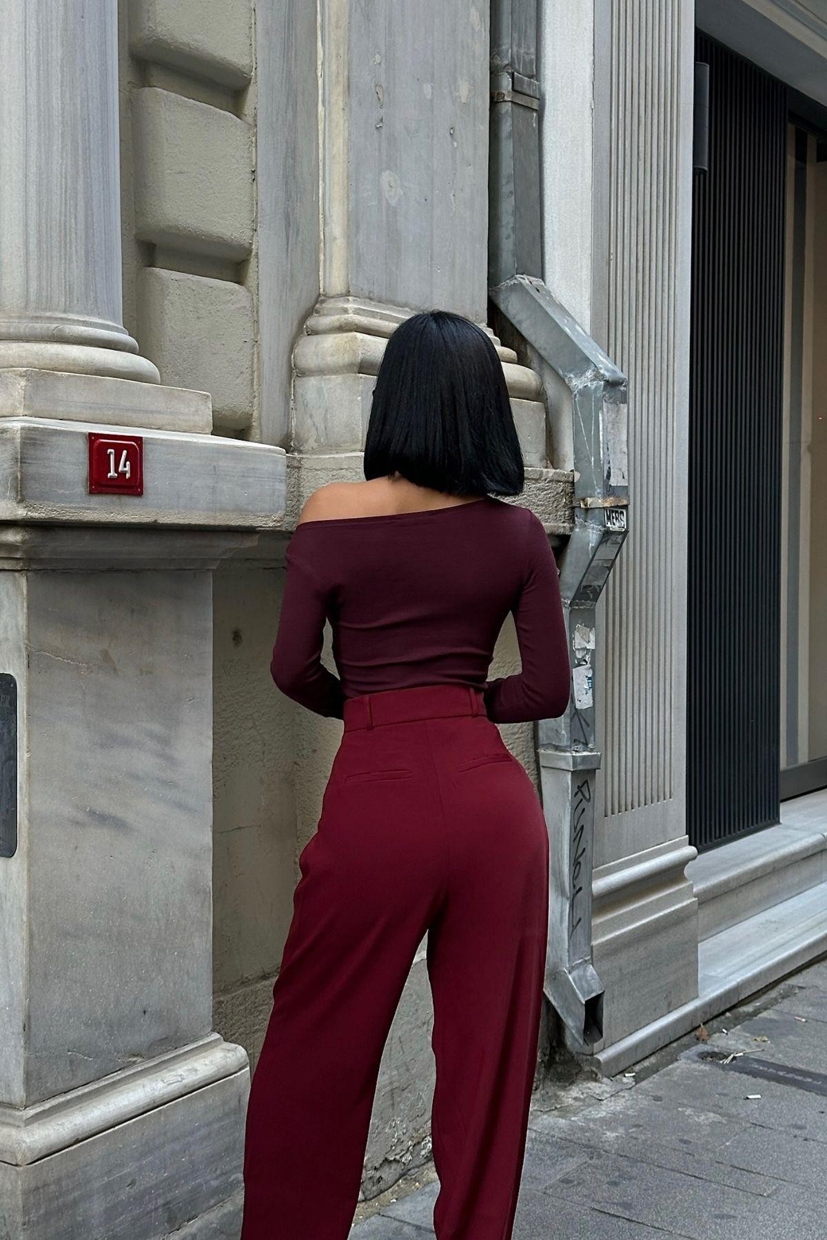 Kayık Yaka Uzun Kollu Bordo Kadın Bluz