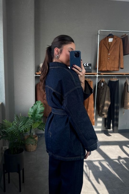Cep Detaylı Kuşaklı Lacivert Denim ceket Jean Takım