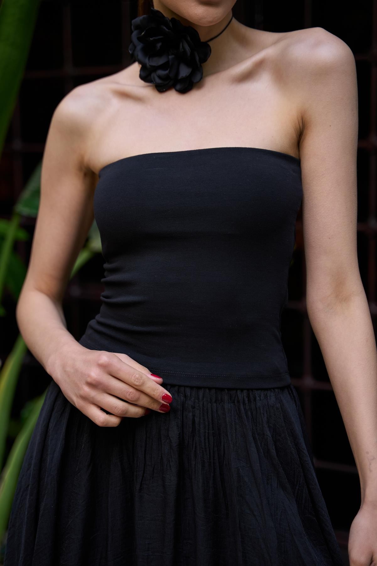 Straplez Siyah Kadın Crop Top