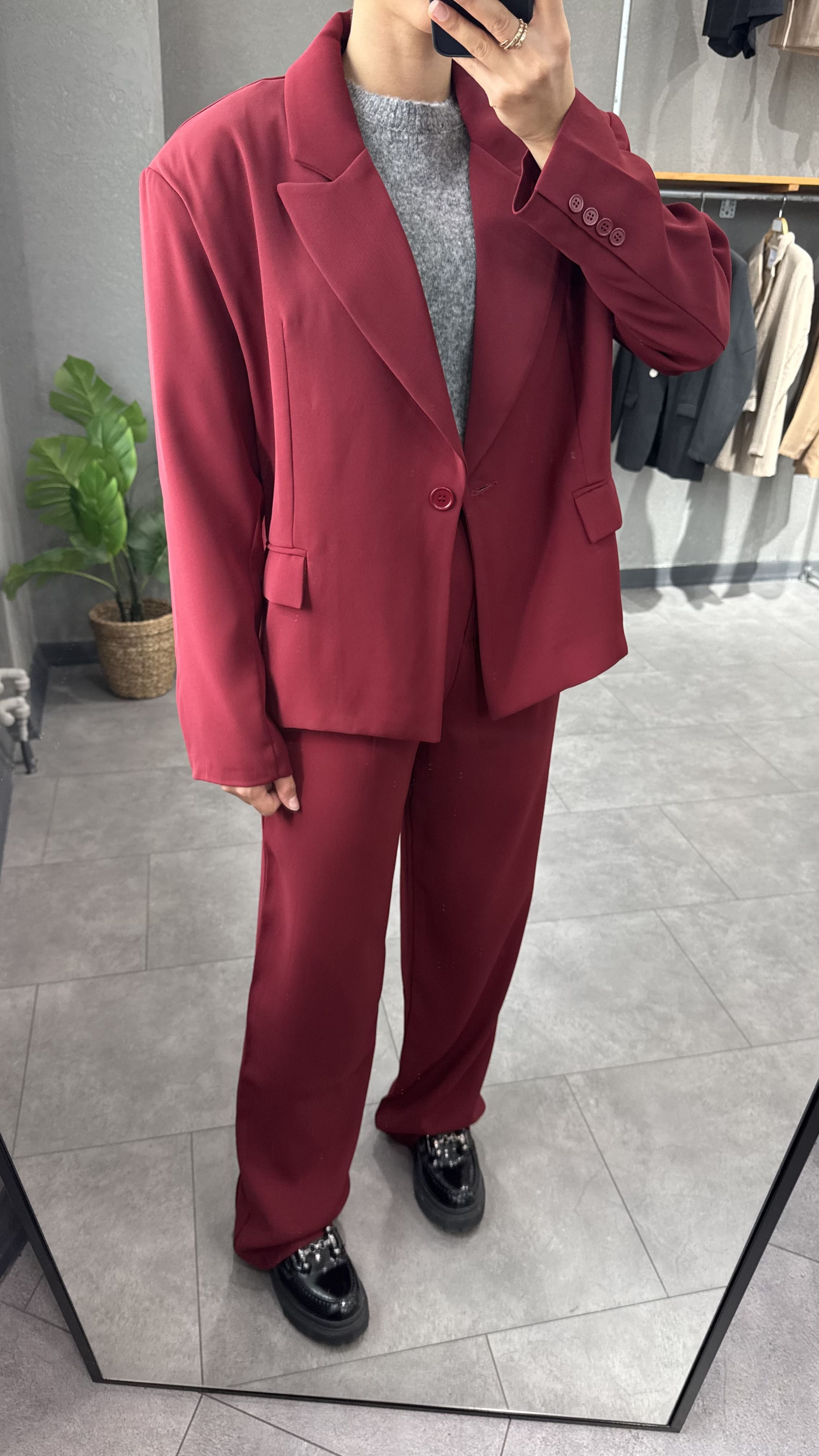 Oversize Vatkalı Bordo Kadın Blazer Ceket