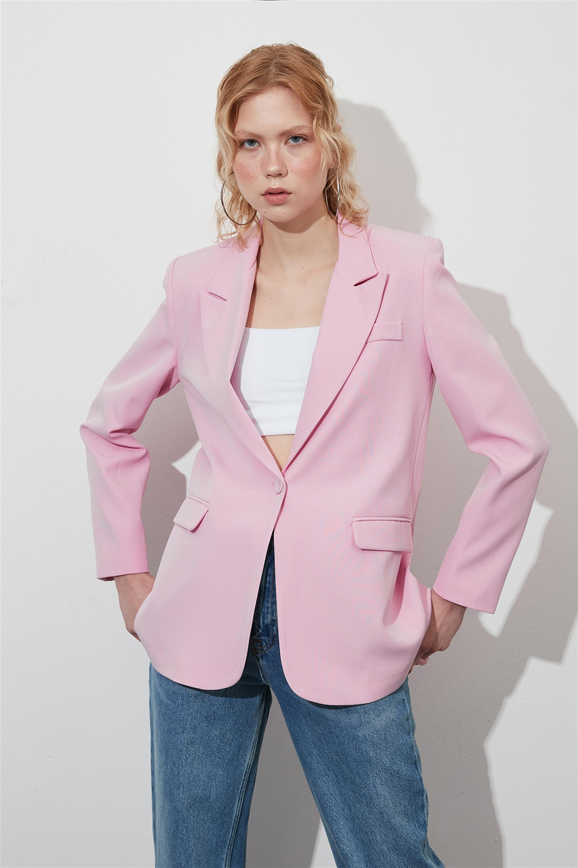Oversize Vatkalı Pembe Blazer Ceket