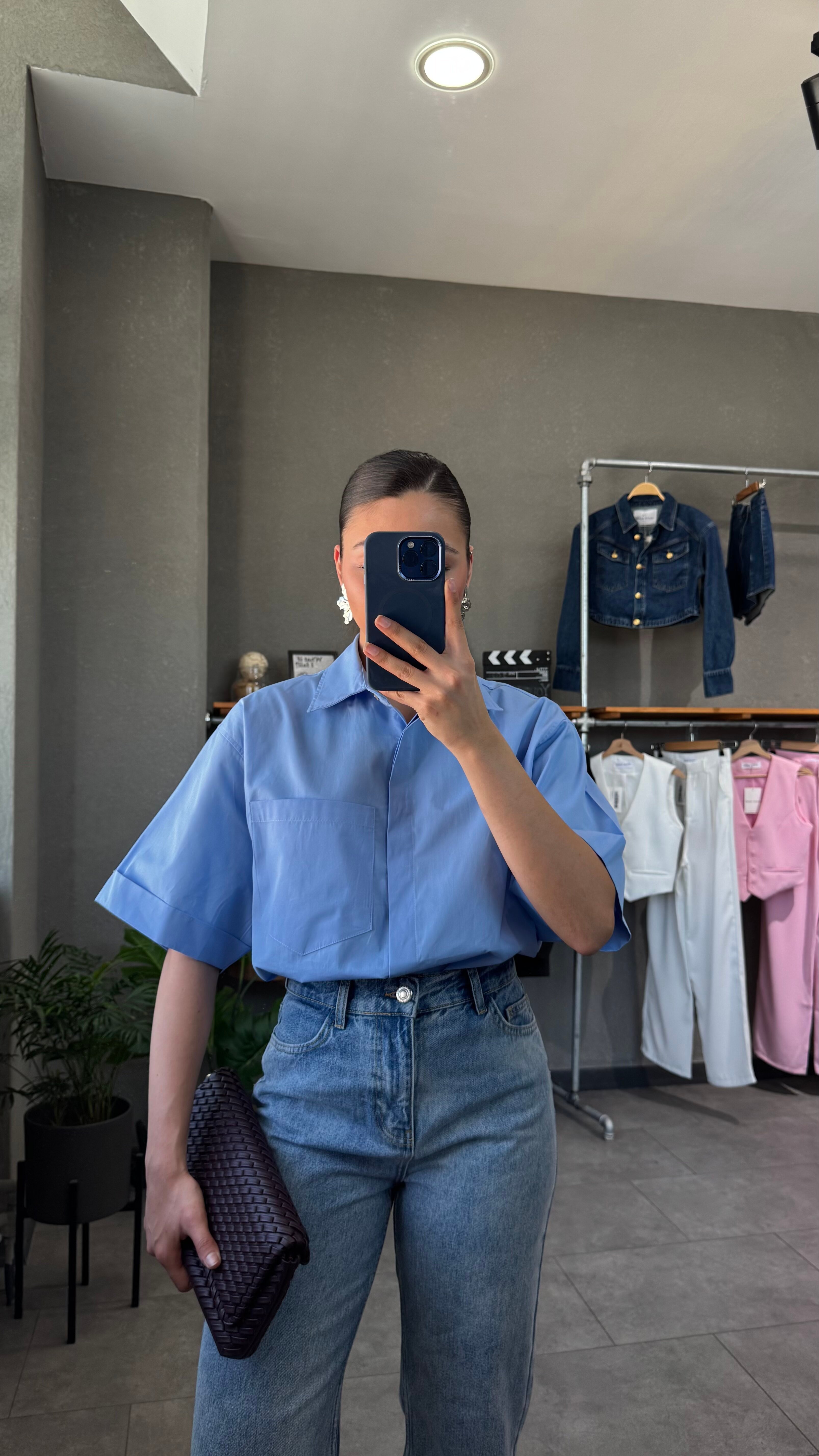 Oversize Cep Detaylı Poplin Kısa Kol Kadın Gömlek - Mavi