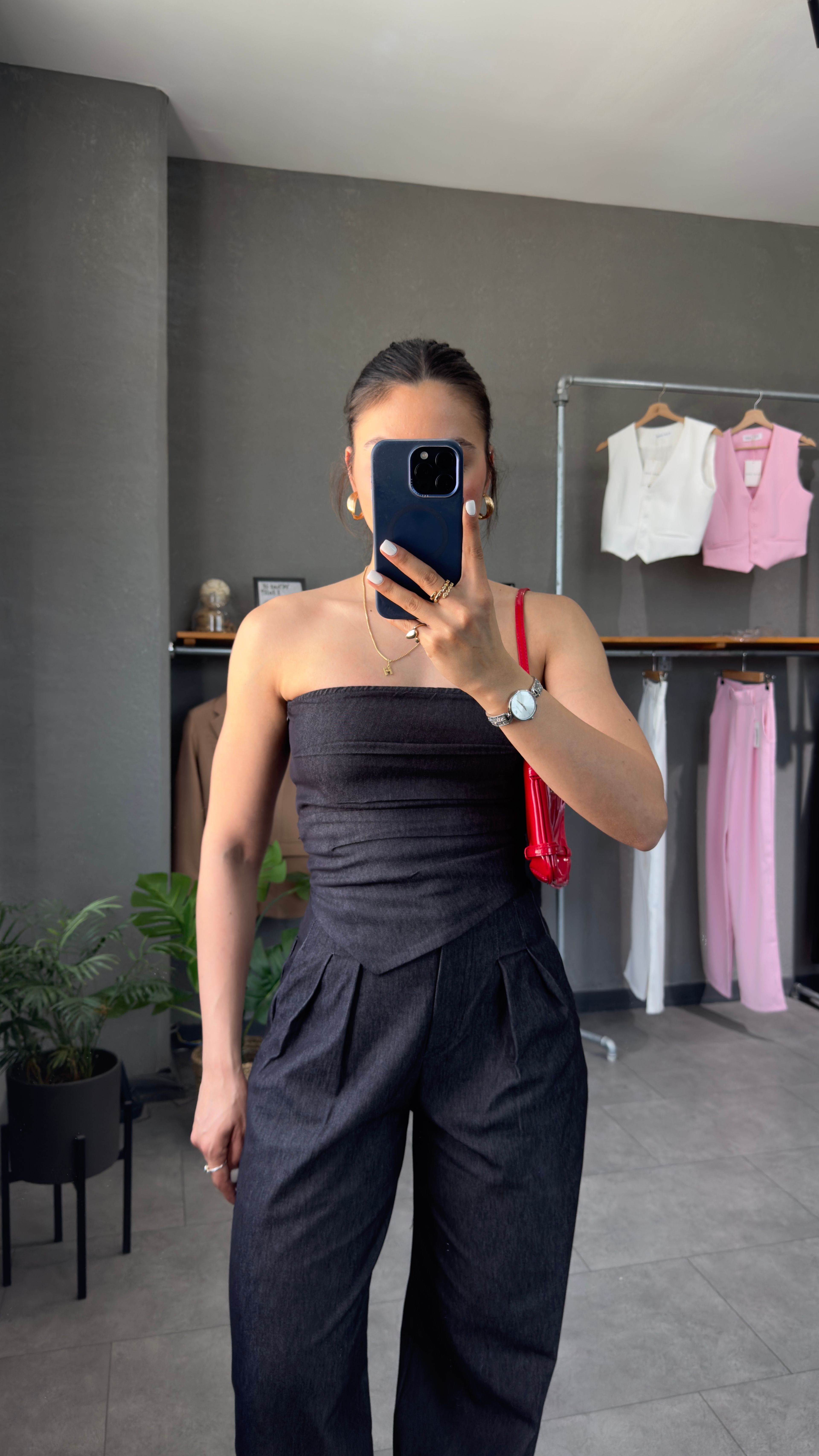 Straplez Denim Görünümlü Büstiyer Lacivert Renk Pantolon Takım