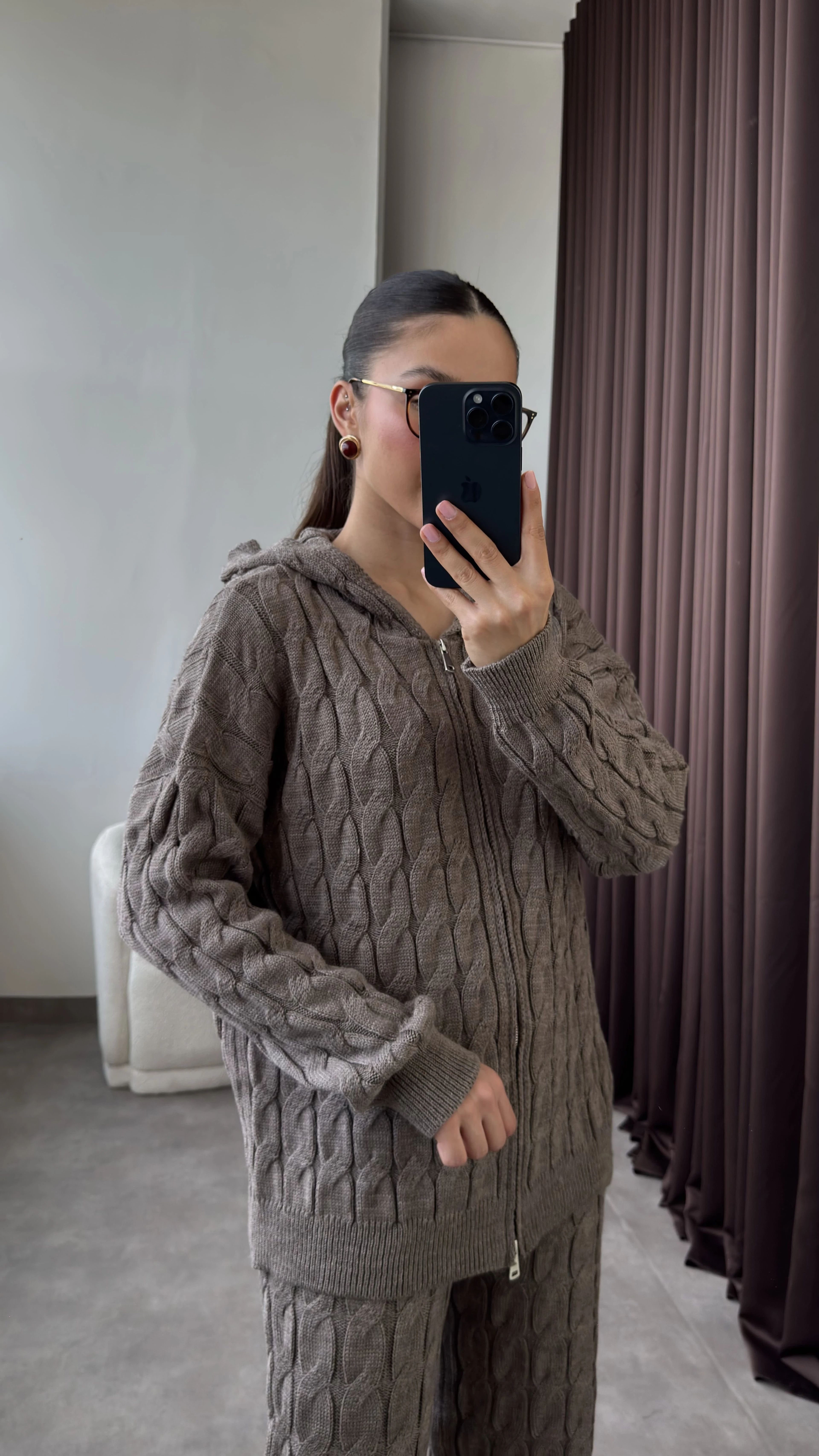 Çift Fermuarlı Kapüşonlu Saç Örgü Triko Takım