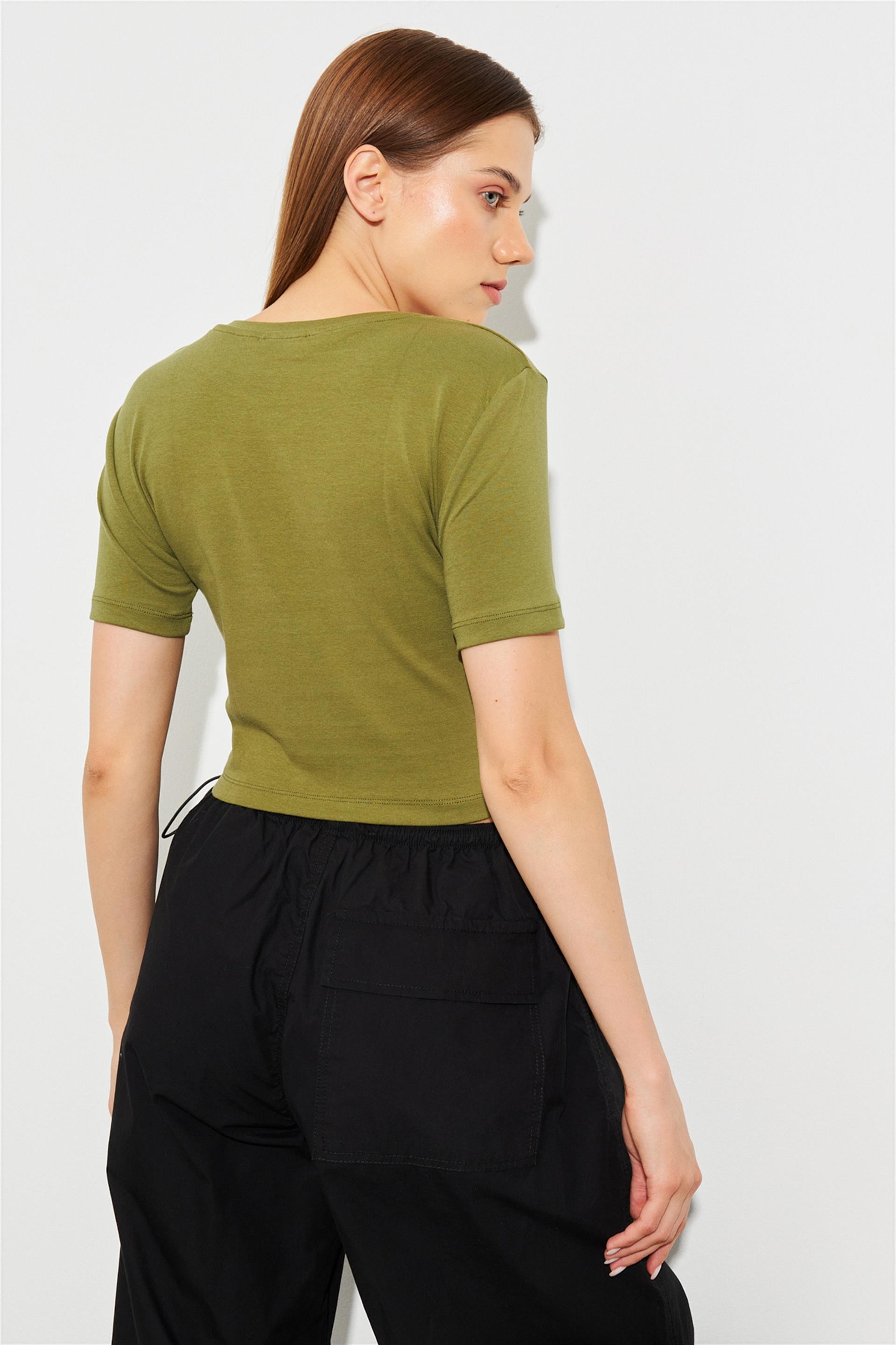 Bisiklet Yaka Crop Tshirt Haki