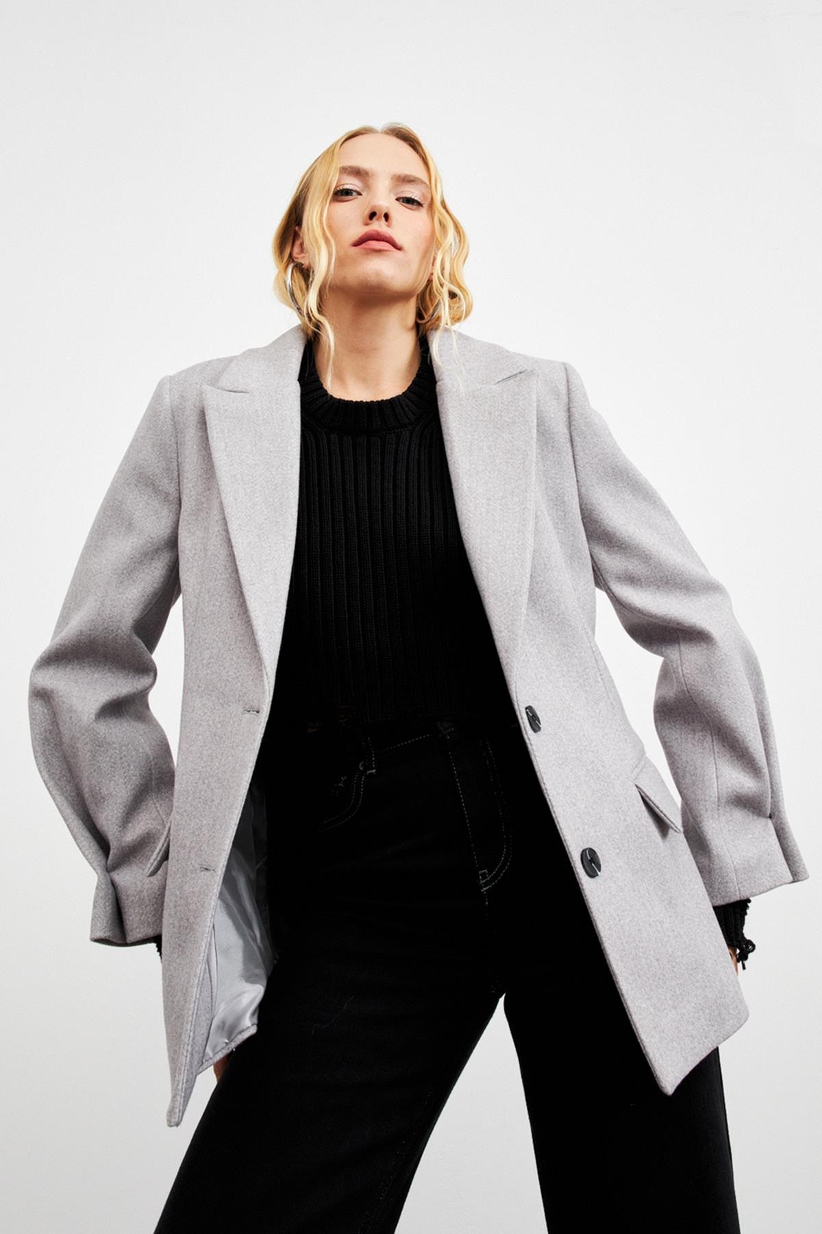 Vatkalı Kaşe Gri Kadın Blazer Ceket