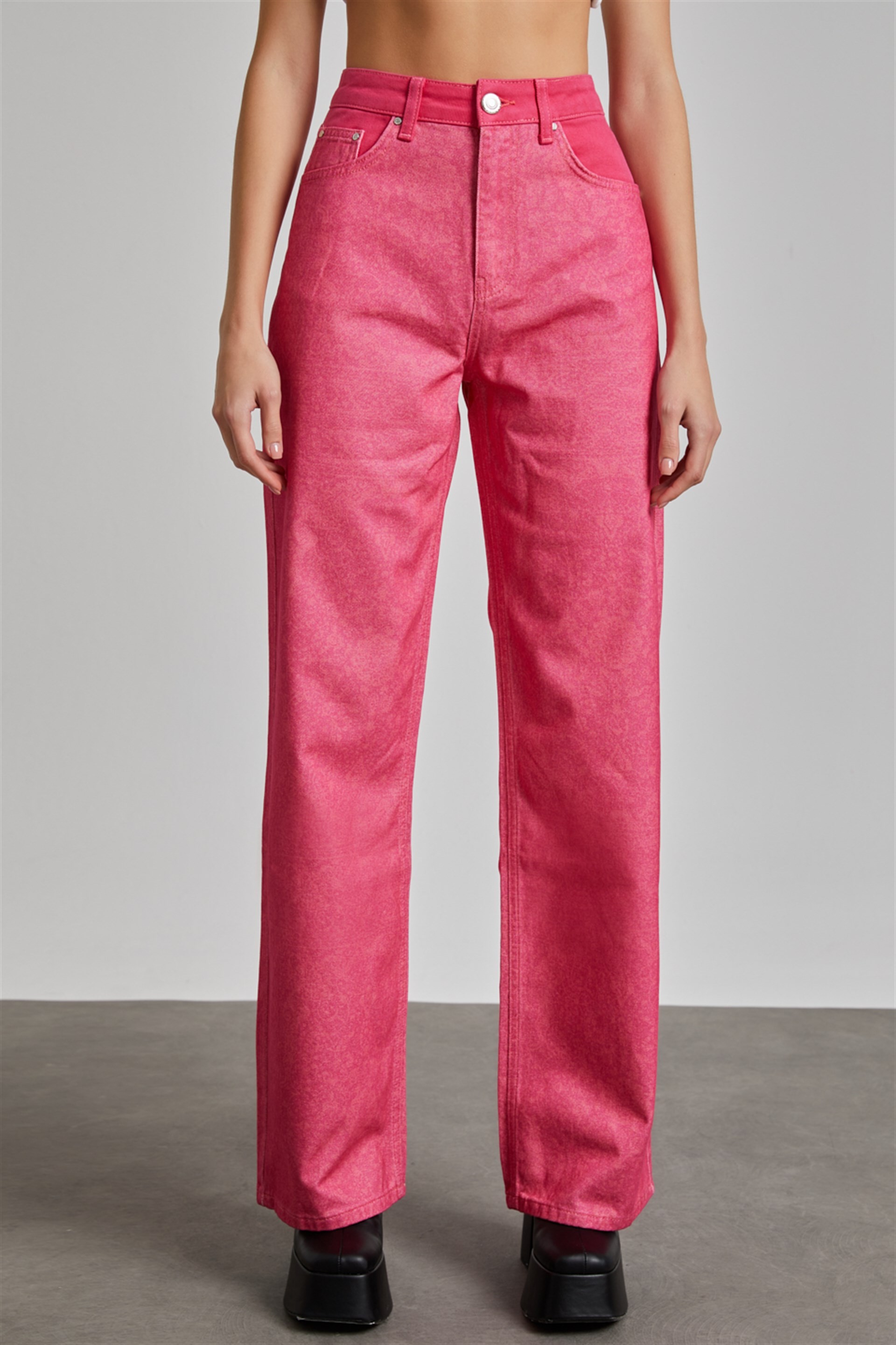 Kadın Fuşya Yüksek Bel Bol Paça Wide Leg Signature Jean