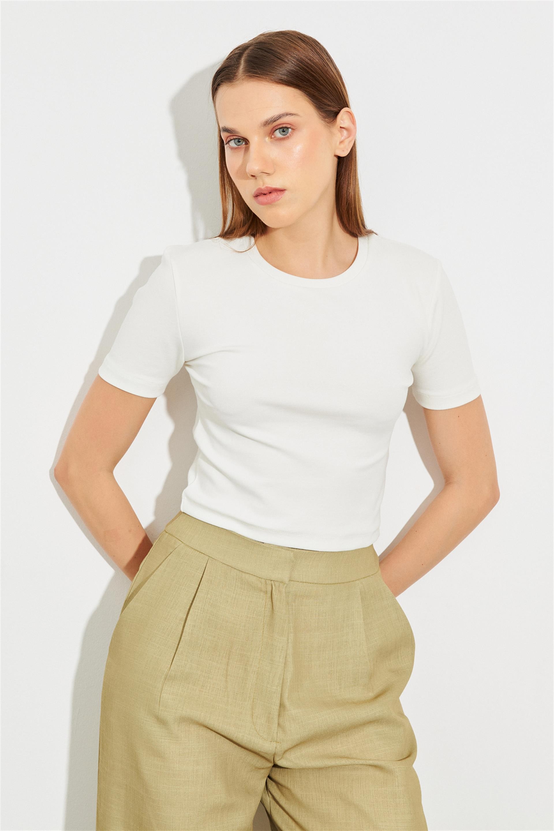 Bisiklet Yaka Crop Tshirt Ekru