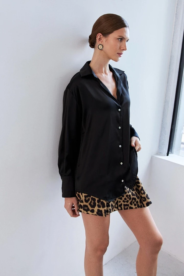 Basic Siyah Kadın Saten Gömlek