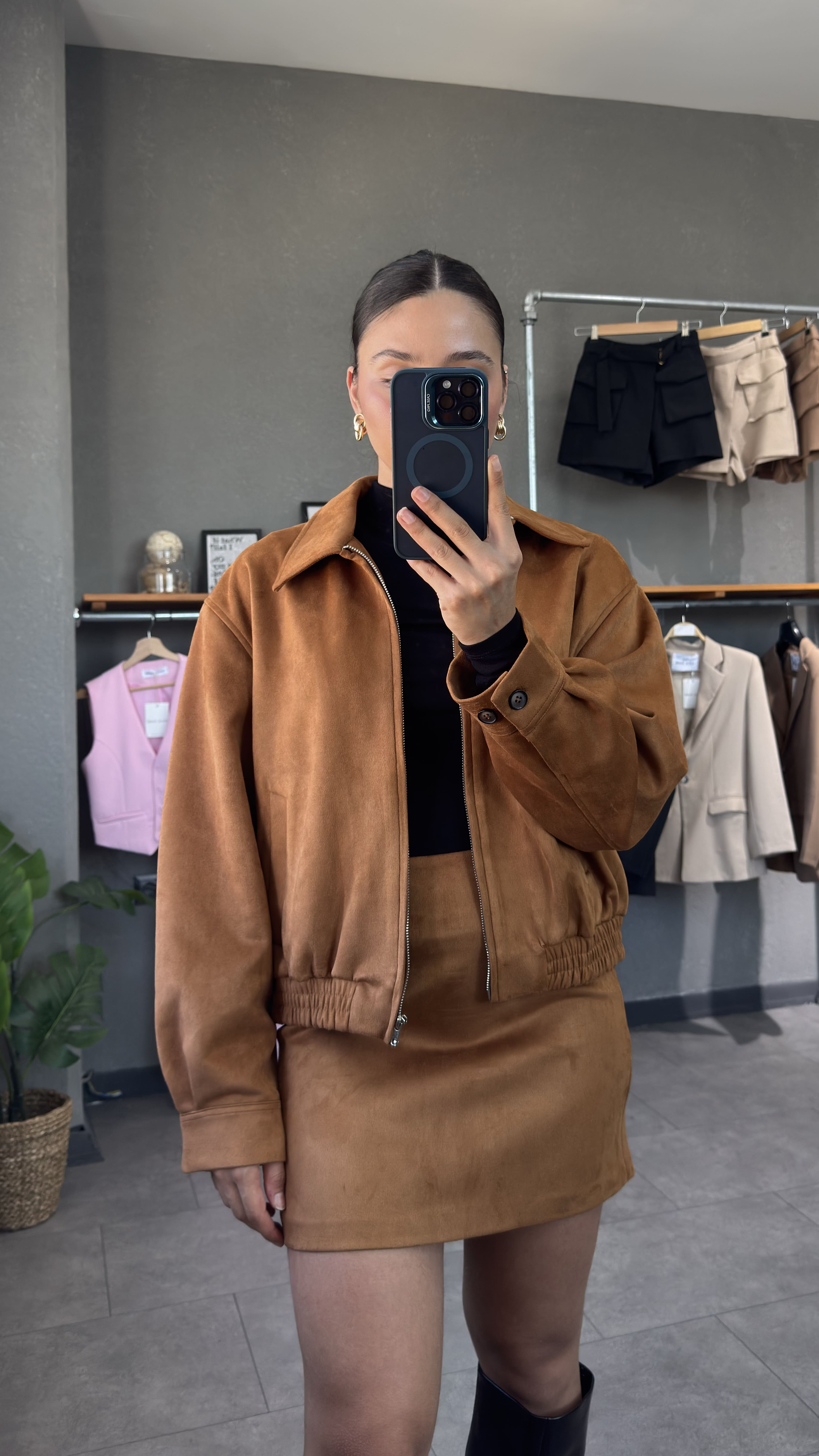 Süet Taba Bomber Ceket & Mini Etek Kombin
