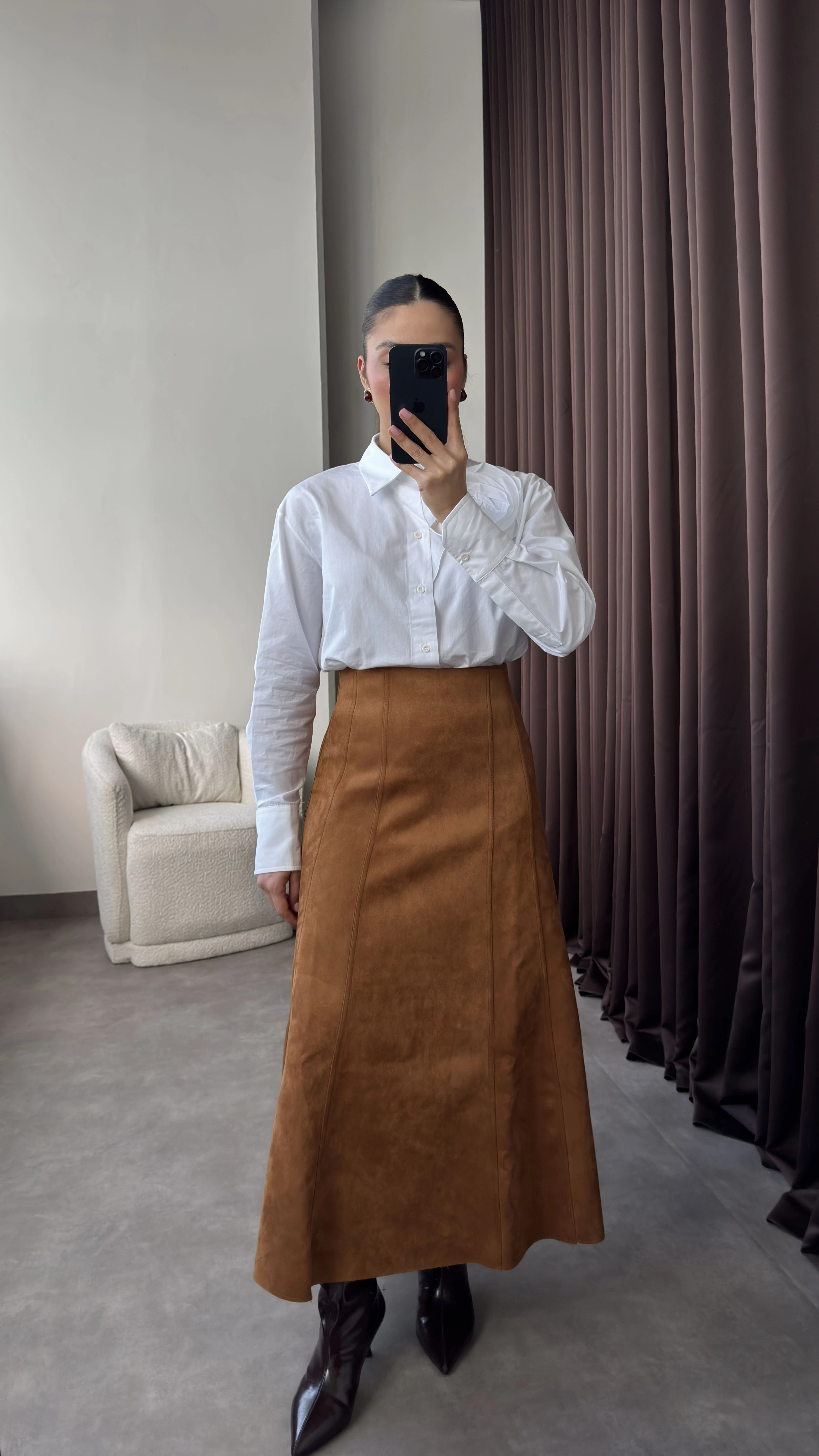 Kadın Taba Uzun Kloş Süet Etek