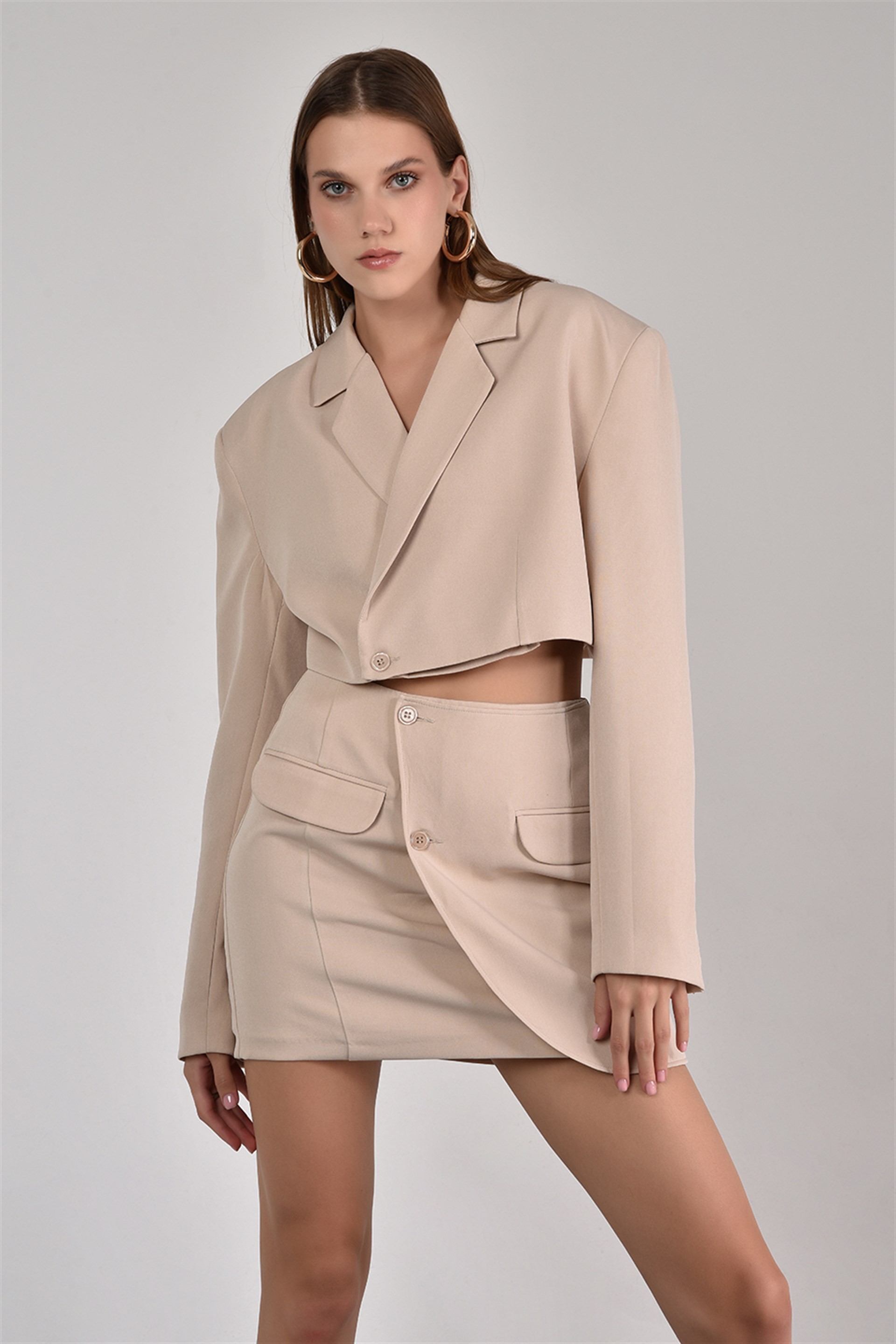 Kadın Crop Blazer Ceket Krem