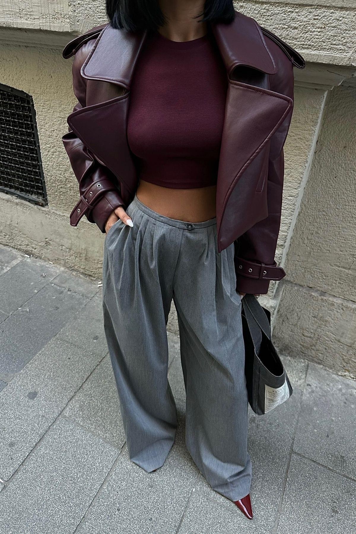 Bisiklet Yaka Crop Bordo Kadın Bluz