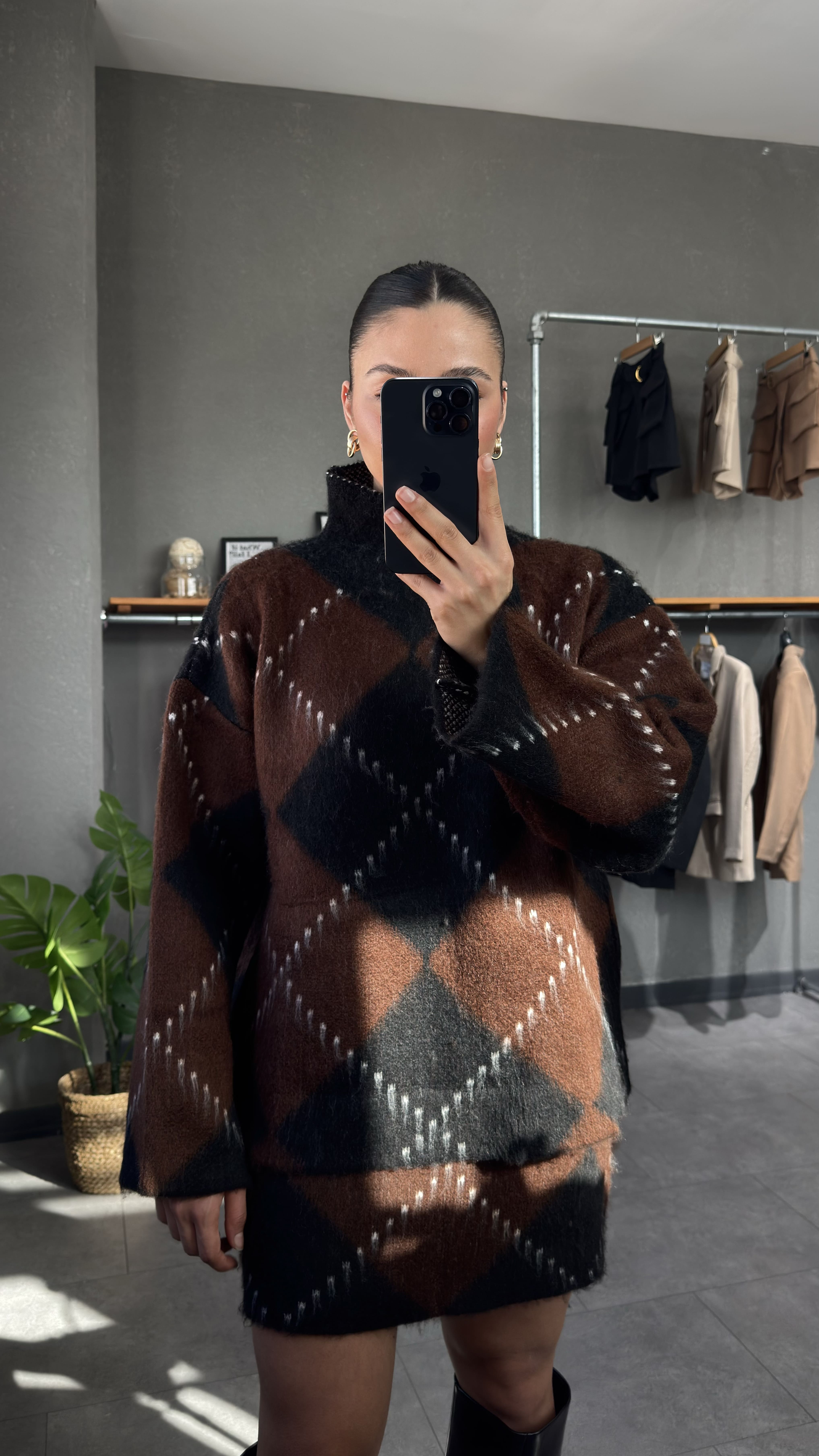 Baklava Desenli Oversize Kazak Etek Takım