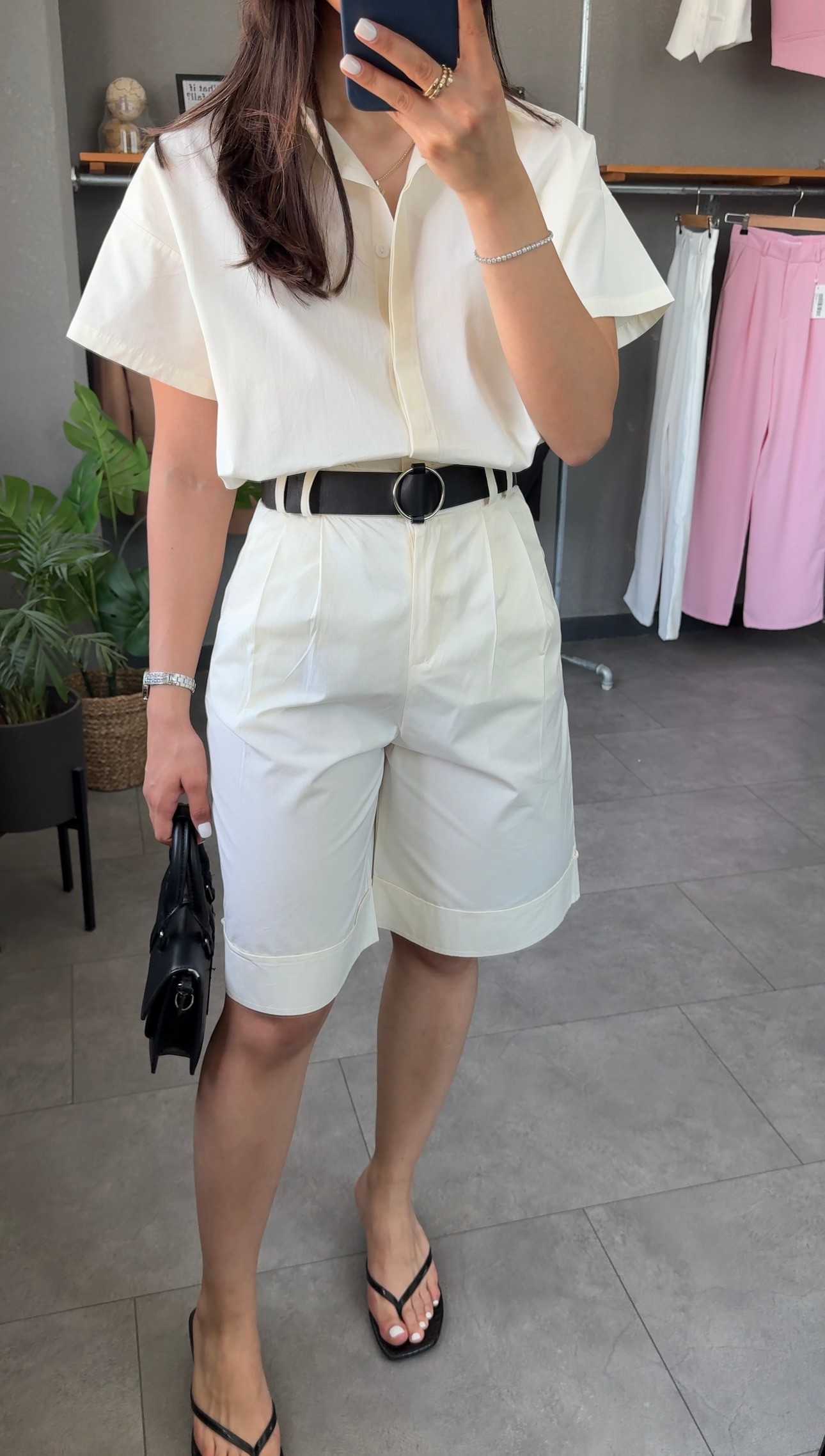 Gabardin Gömlek Kemerli Bermuda Şort Takım