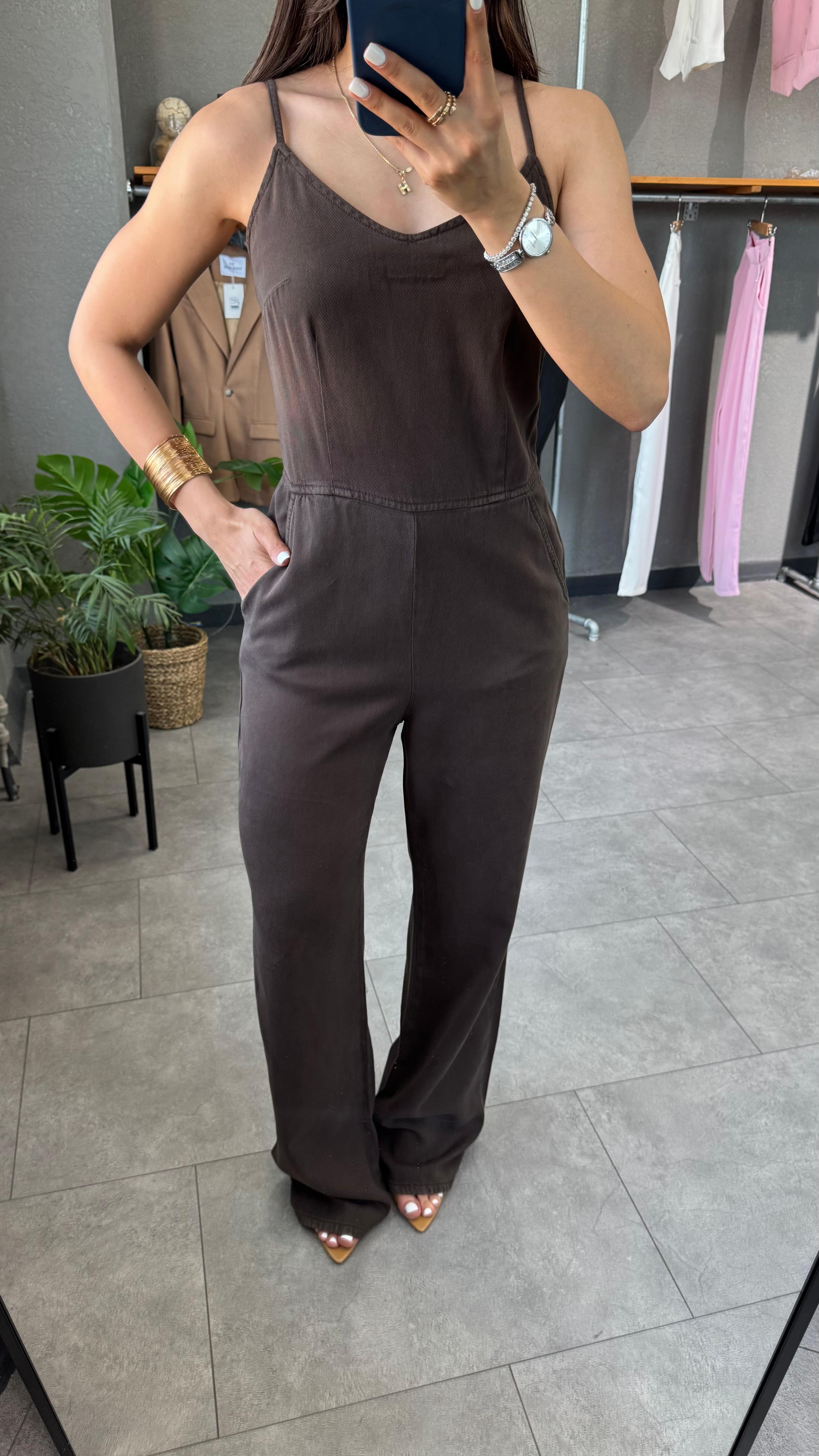 İnce Askılı Tensel Denim Tulum