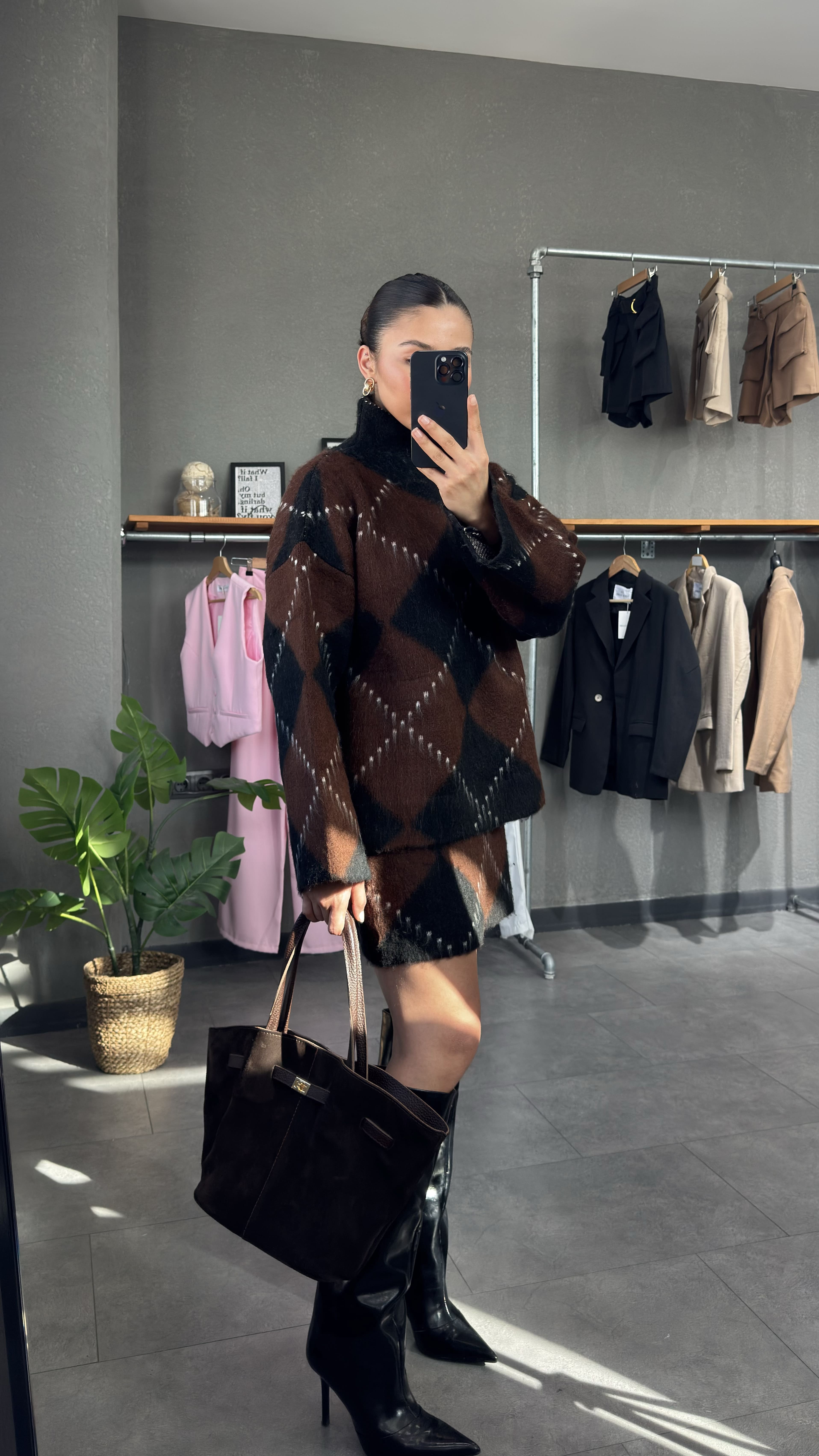 Baklava Desenli Oversize Kazak Etek Takım