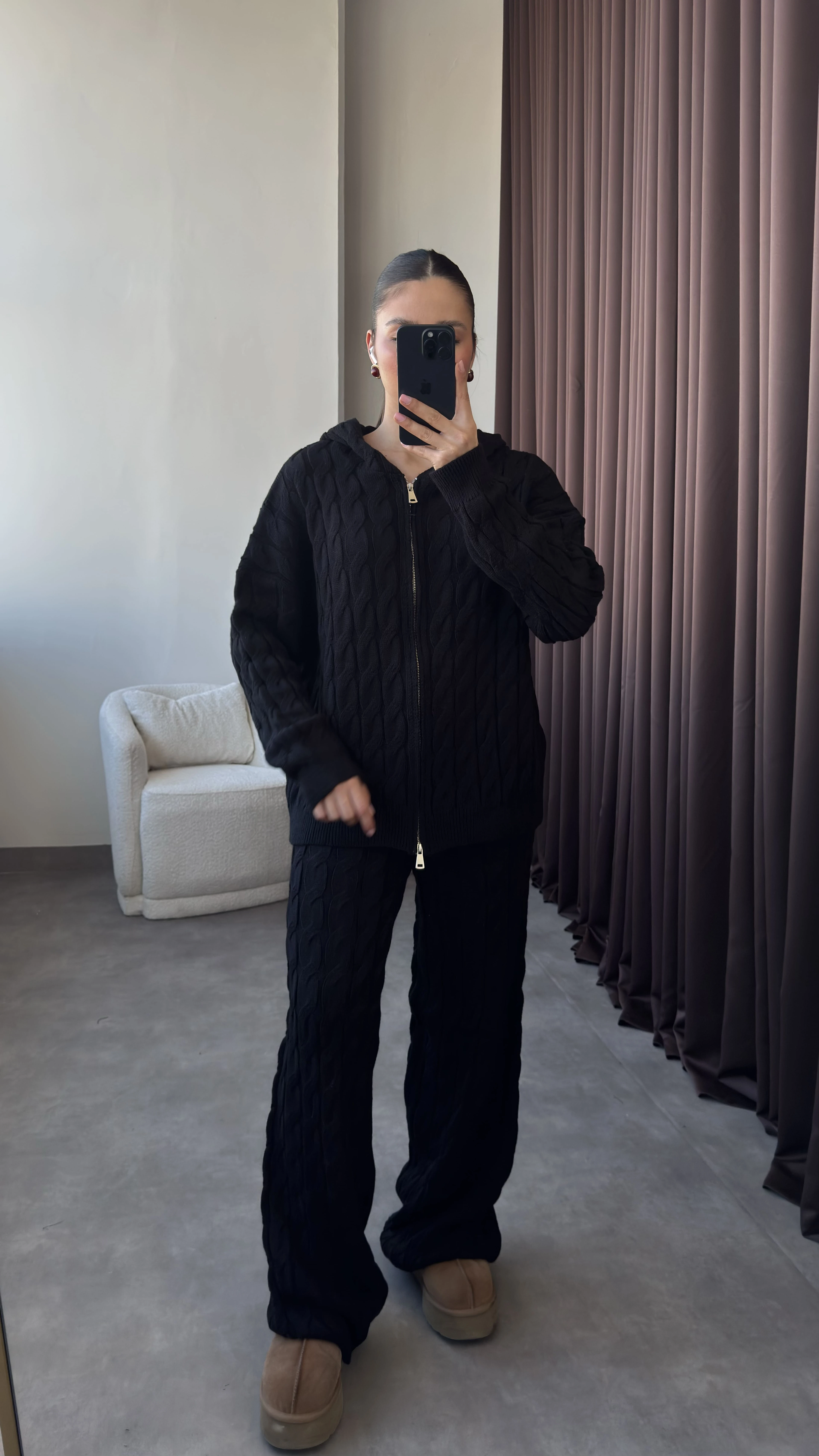 Çift Fermuarlı Kapüşonlu Saç Örgü Triko Takım - Siyah