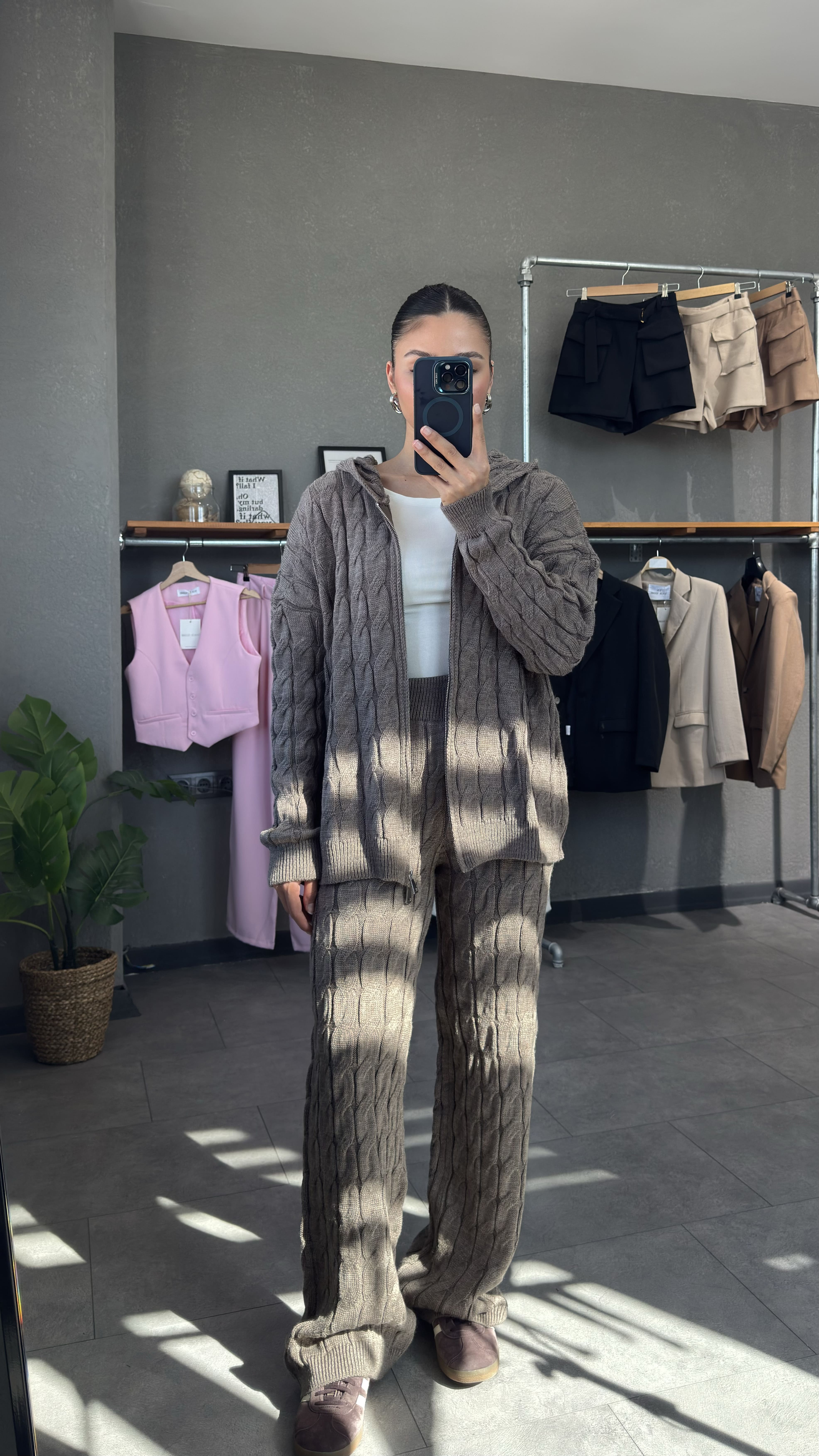 Çift Fermuarlı Kapüşonlu Saç Örgü Triko Takım - Vizon