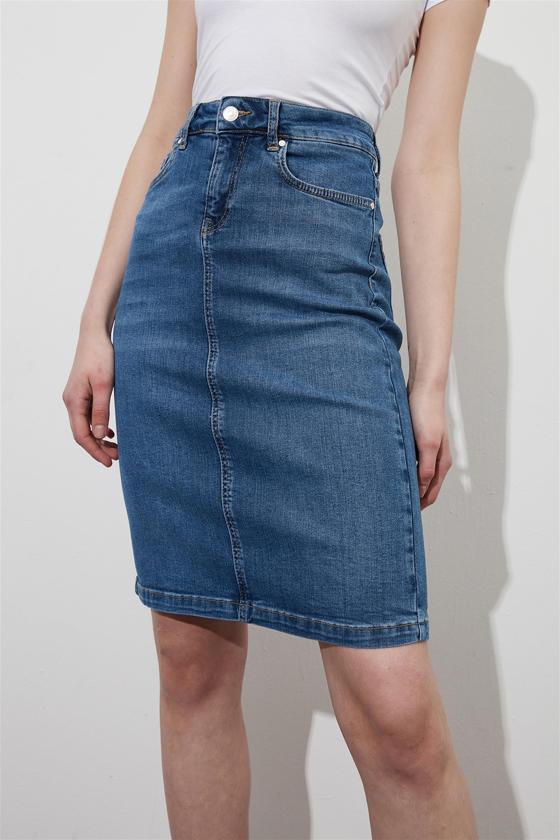 Kadın Mavi Denim Midi Etek