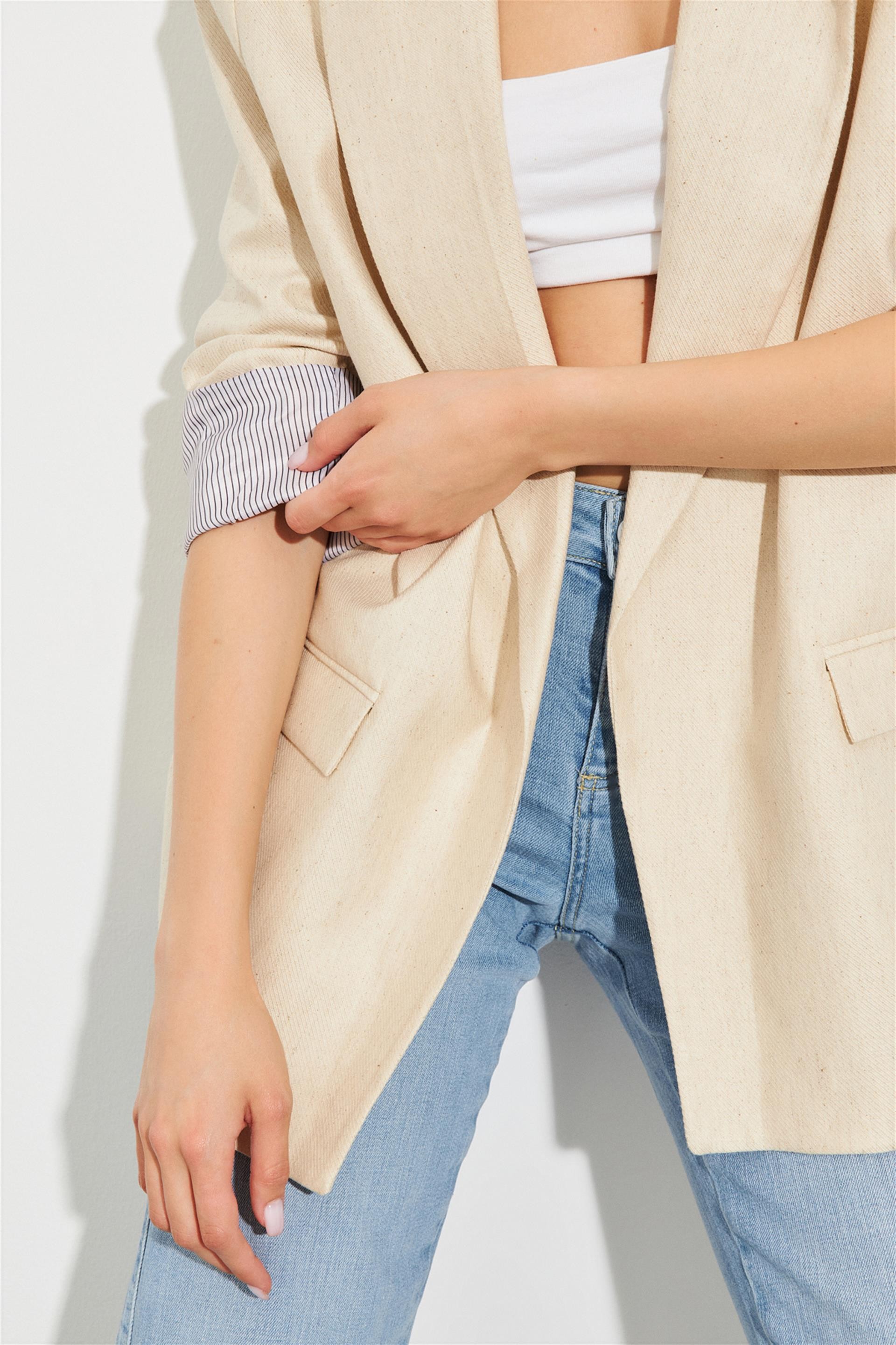 Keten Karışımlı İç Astarı Desenli Straight Fit Blazer Ceket
