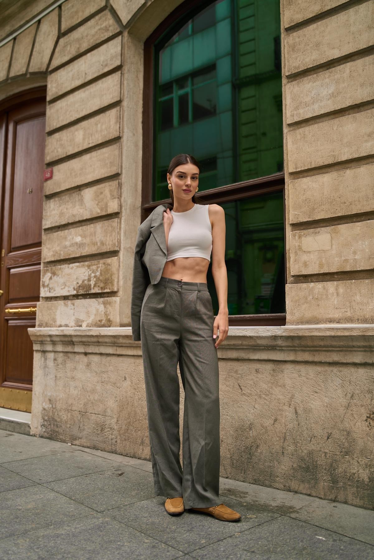 Kruvaze Yaka Keten Haki Kadın Crop Ceket