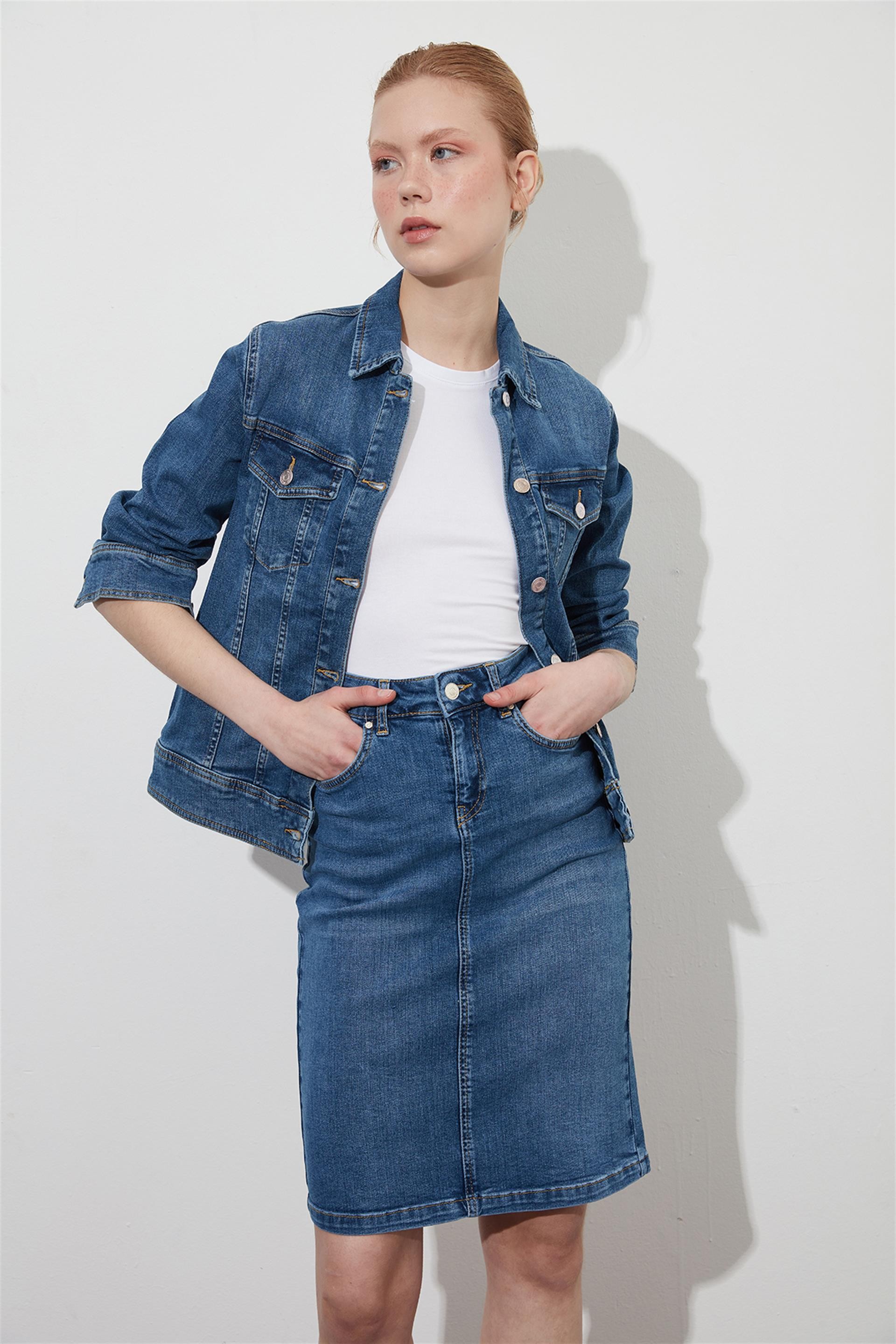 Kadın Mavi Denim Midi Etek