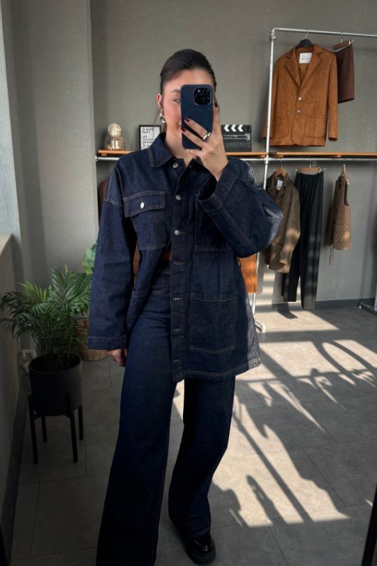 Cep Detaylı Kuşaklı Lacivert Denim ceket Jean Takım