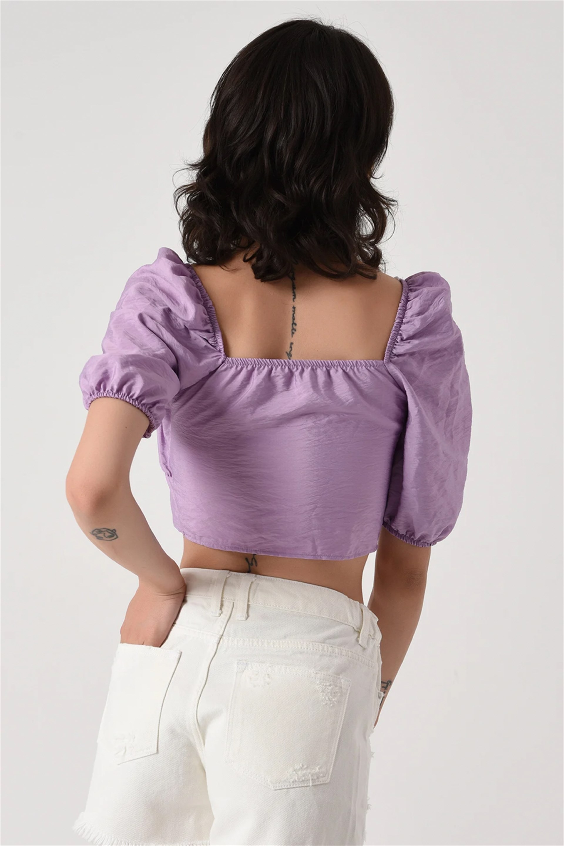 Kadın Lila Büzgülü Crop Bluz