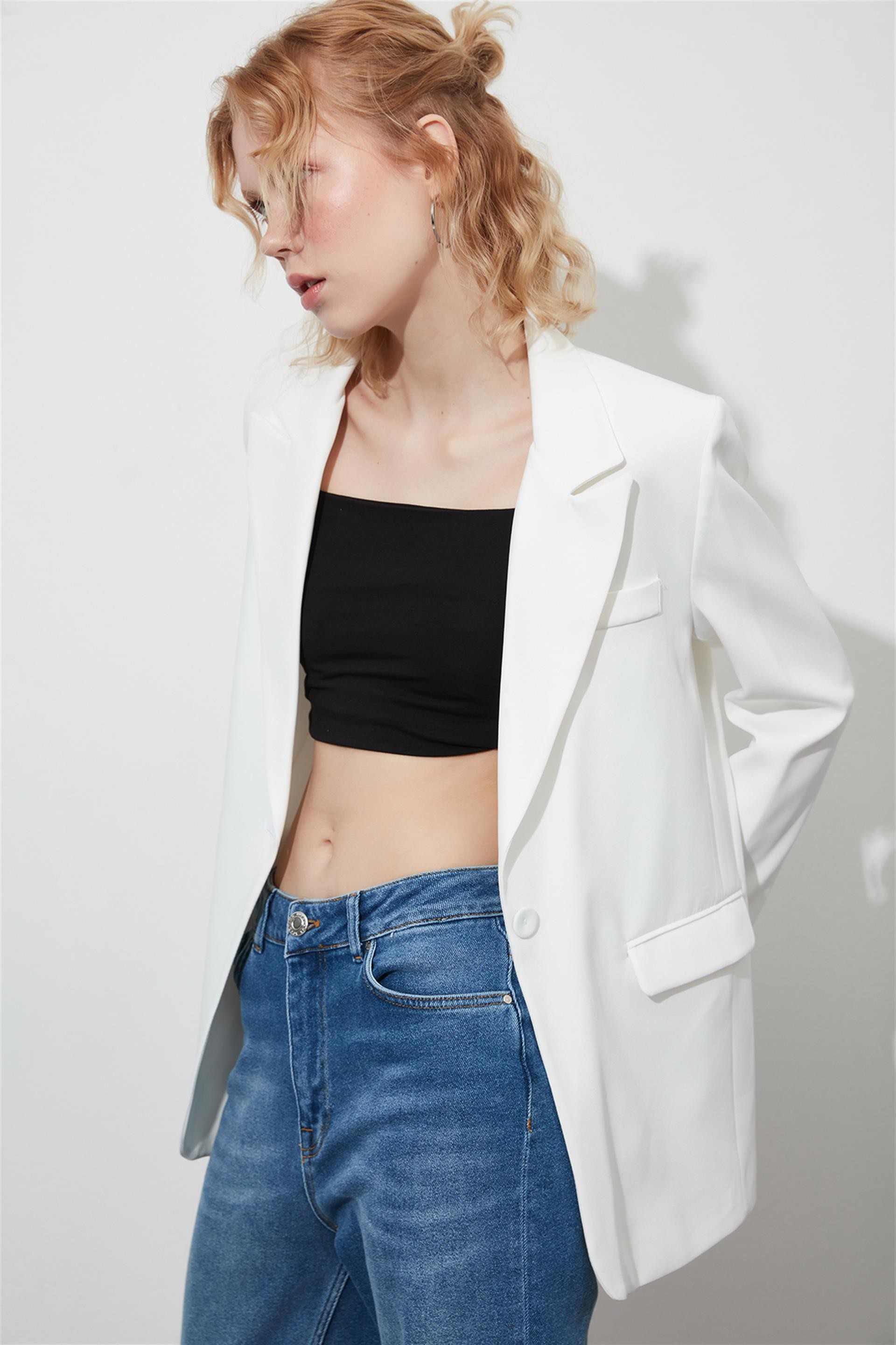 Oversize Vatkalı Beyaz  Blazer Ceket