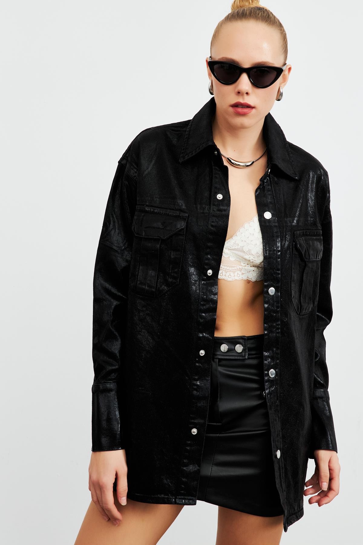 Metalik Oversize Denim Siyah Kadın Ceket
