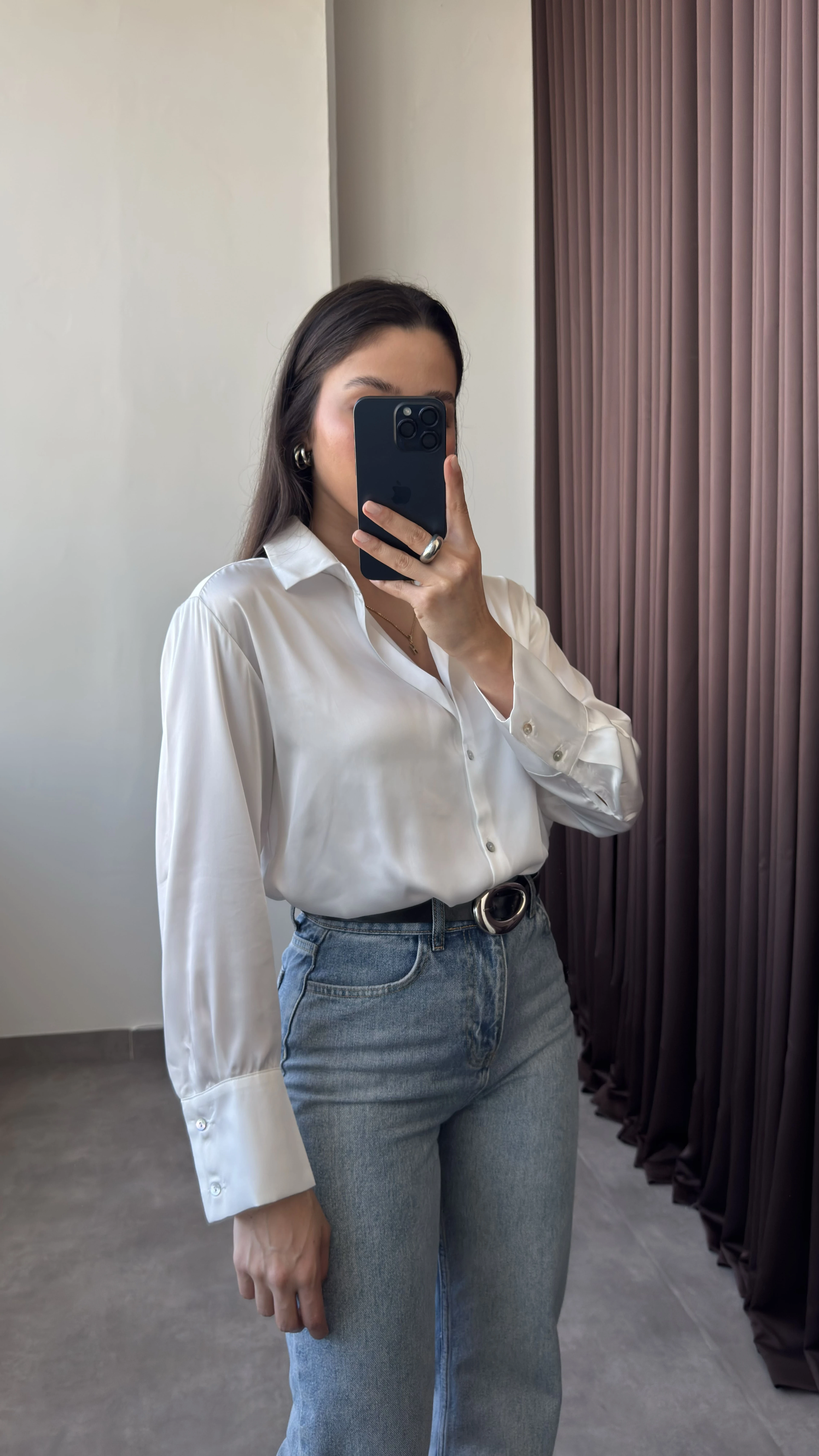 Basic Ekru Kadın Saten Gömlek