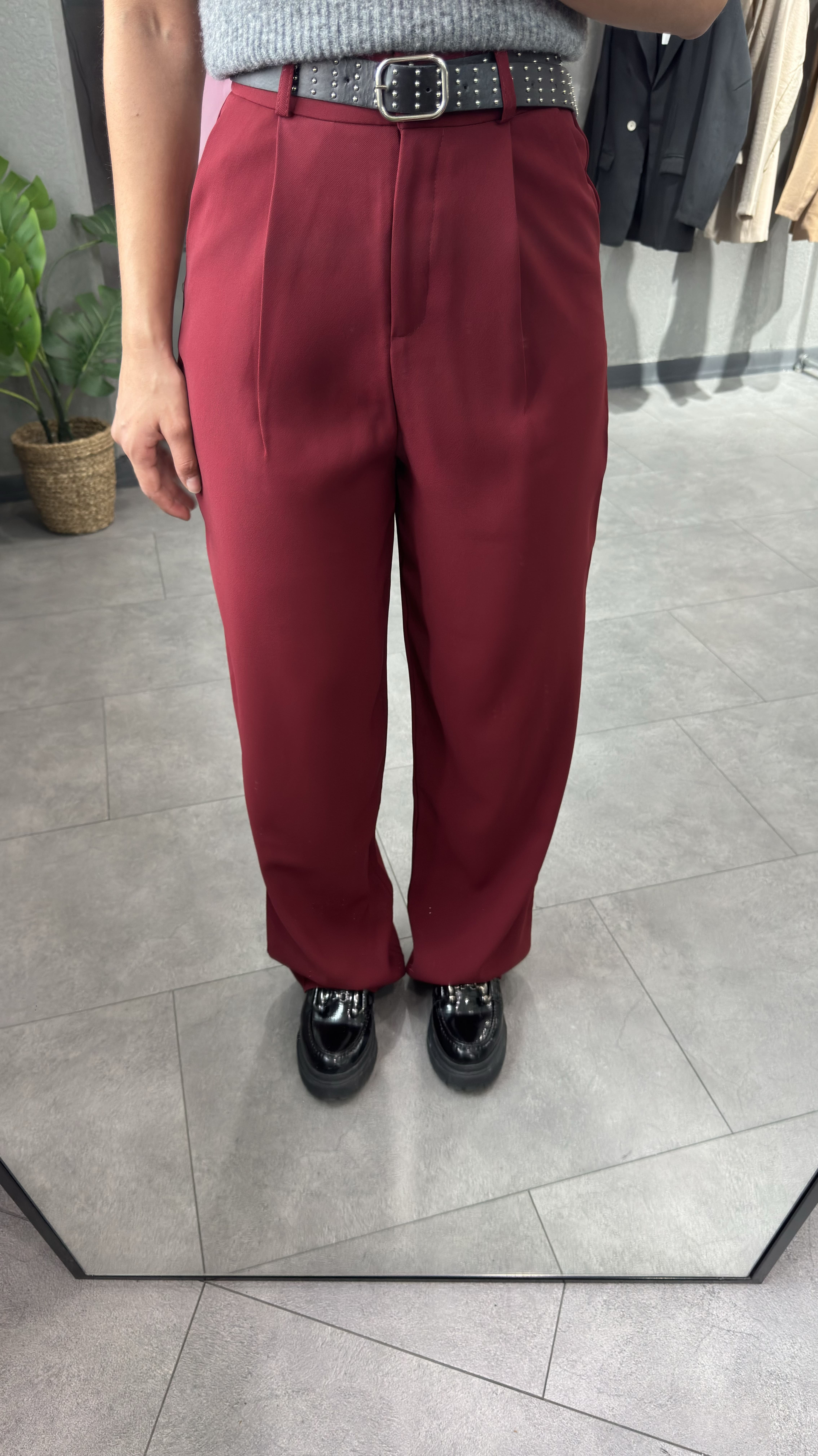 Yüksek Bel Pileli Bordo Kadın Palazzo Pantolon