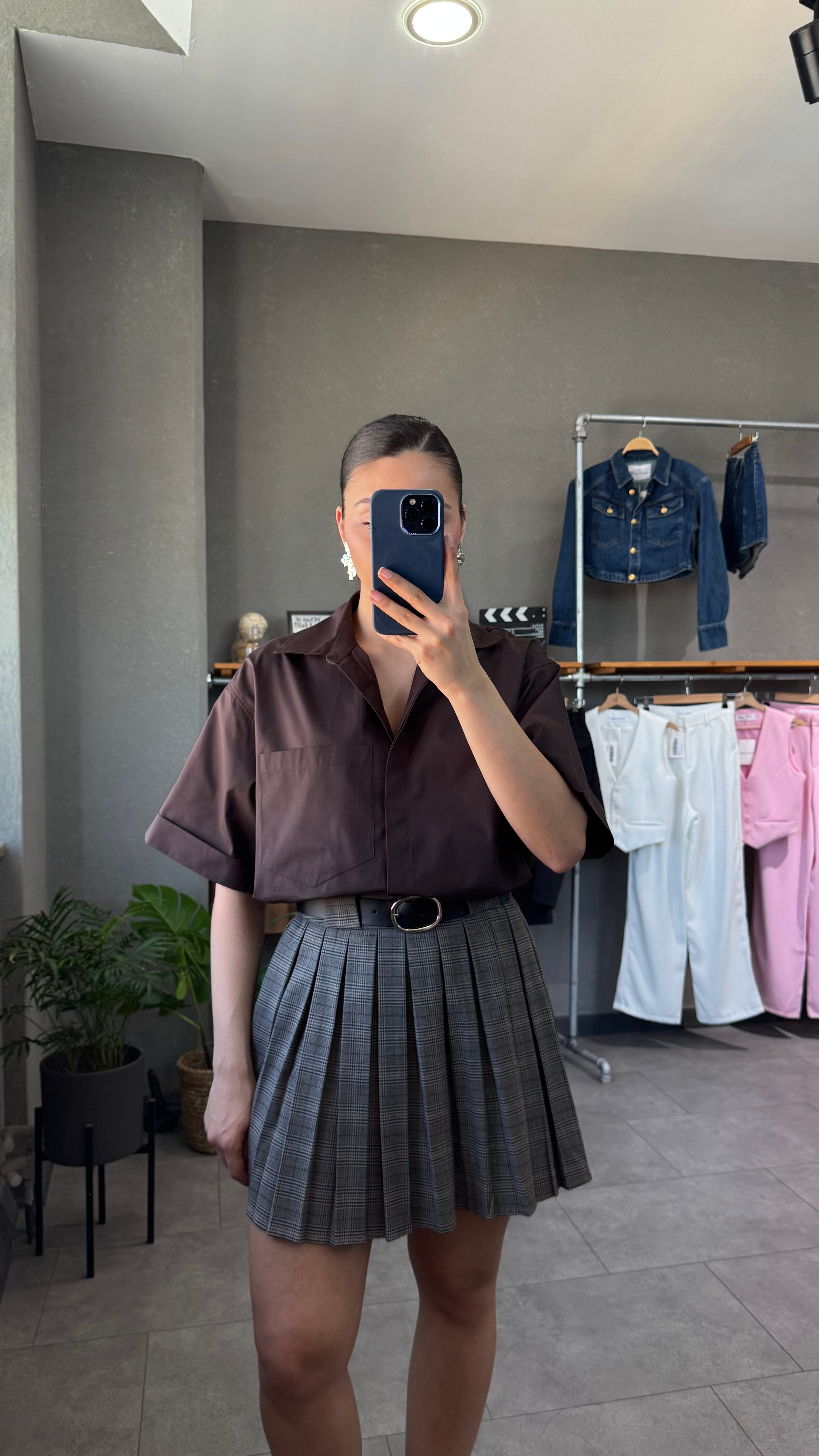 Oversize Cep Detaylı Poplin Kısa Kol Kadın Gömlek - Acı Kahve