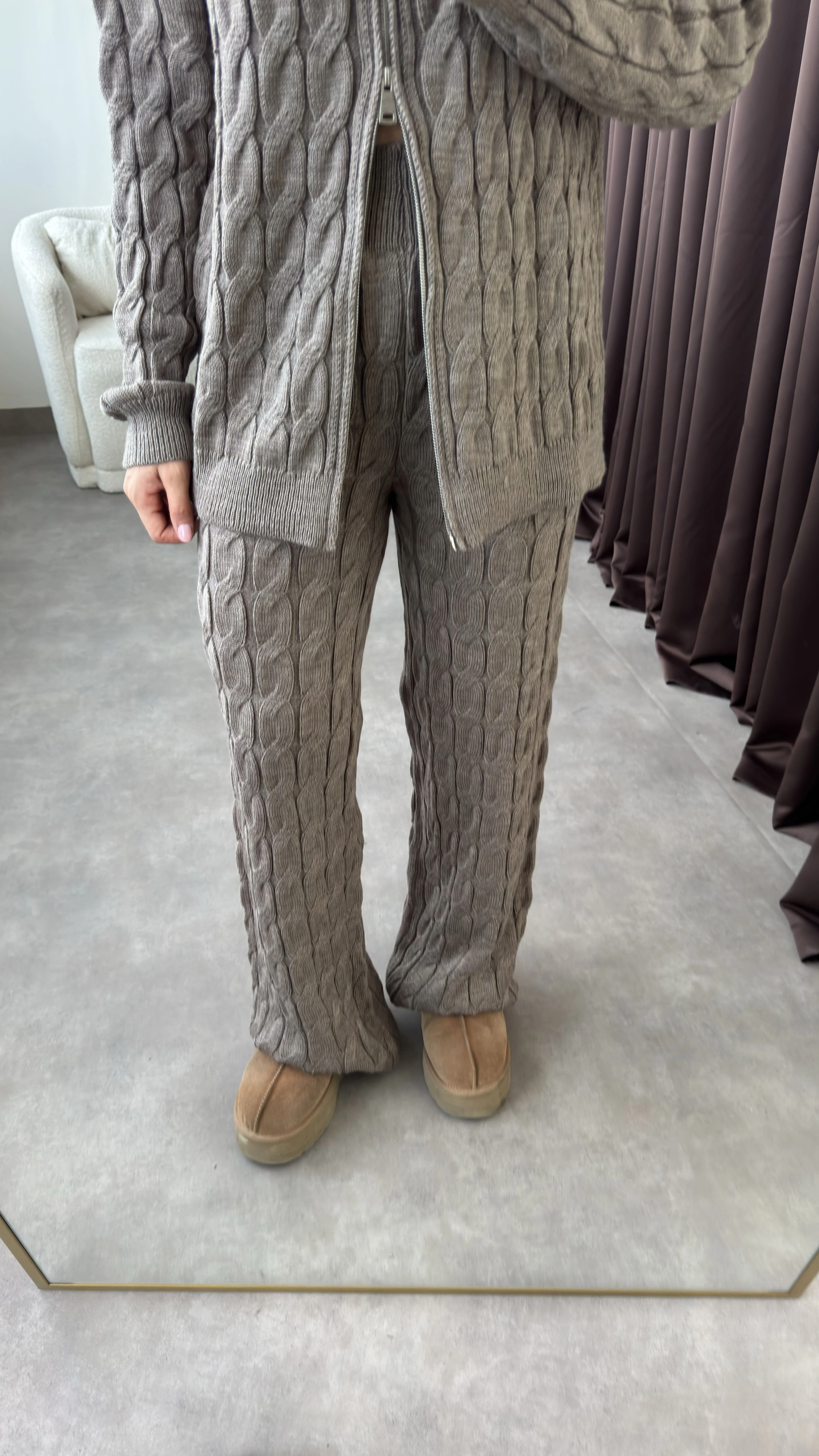 Çift Fermuarlı Kapüşonlu Saç Örgü Triko Takım