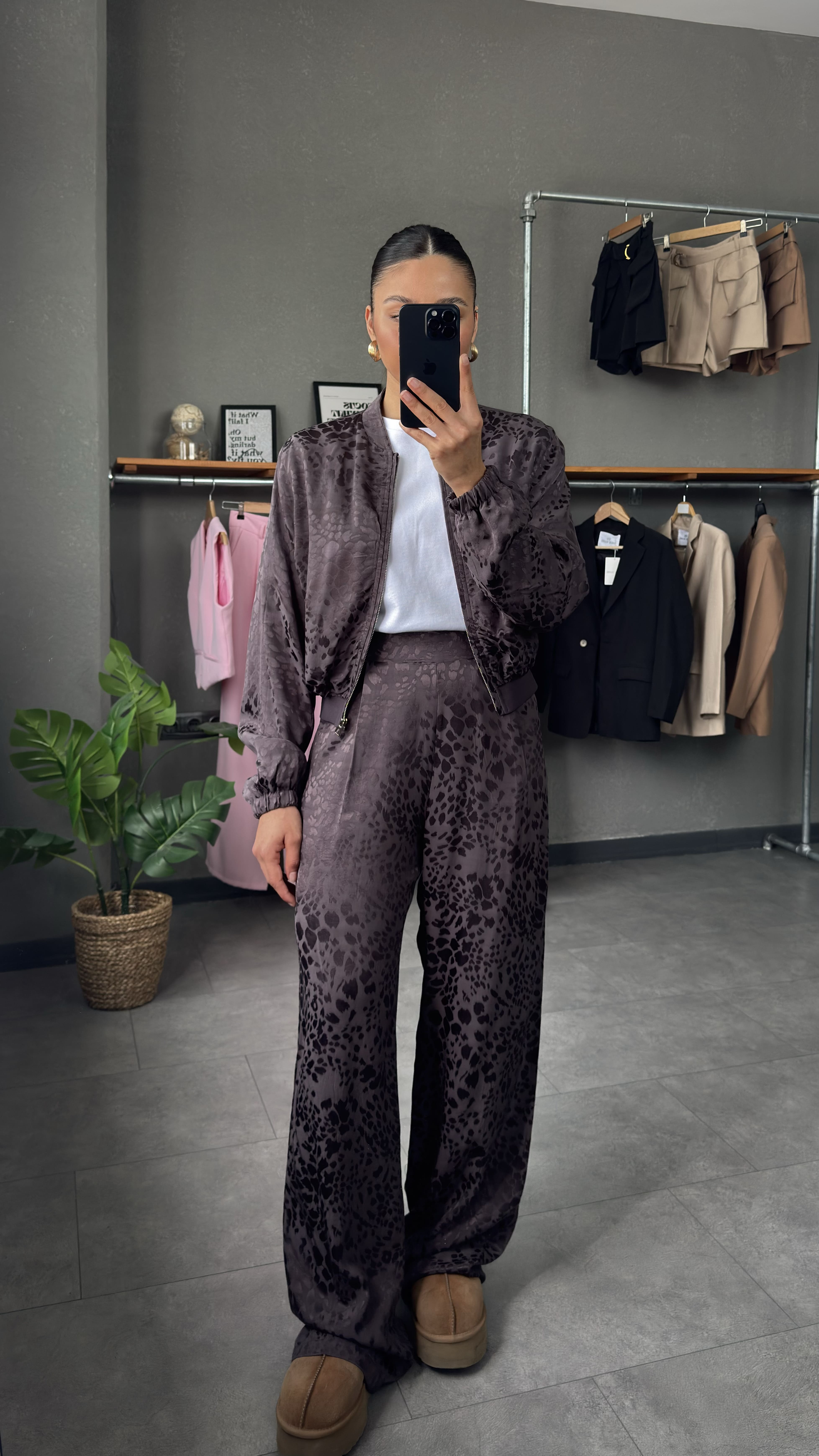 Leopar Desenli Saten Bomber Ceket Pantolon Takım - Kahve